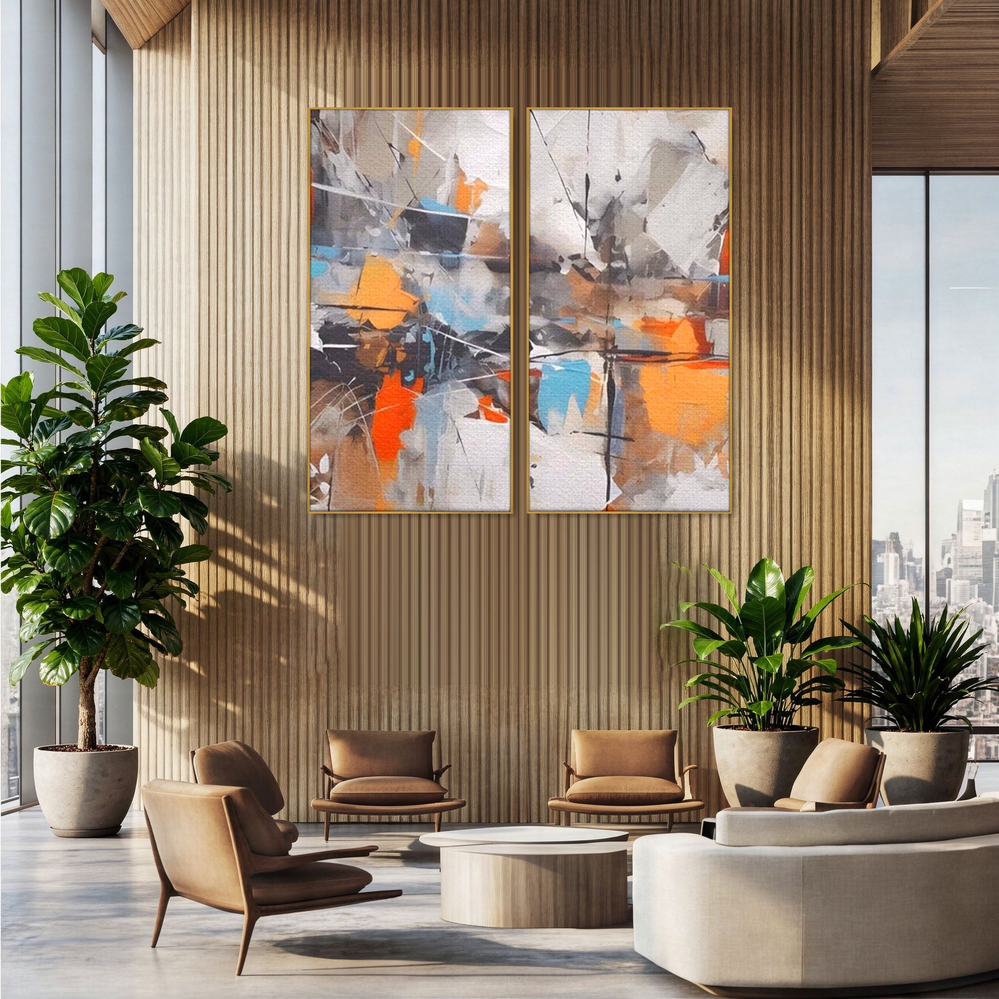 Set 2 Tablouri Canvas Premium LuxCanva® A2-1615, Un Dans Al Culorilor, Living, Blue, Linii, Pensulat, Decorativ, Dormitor, Culori Vibrante