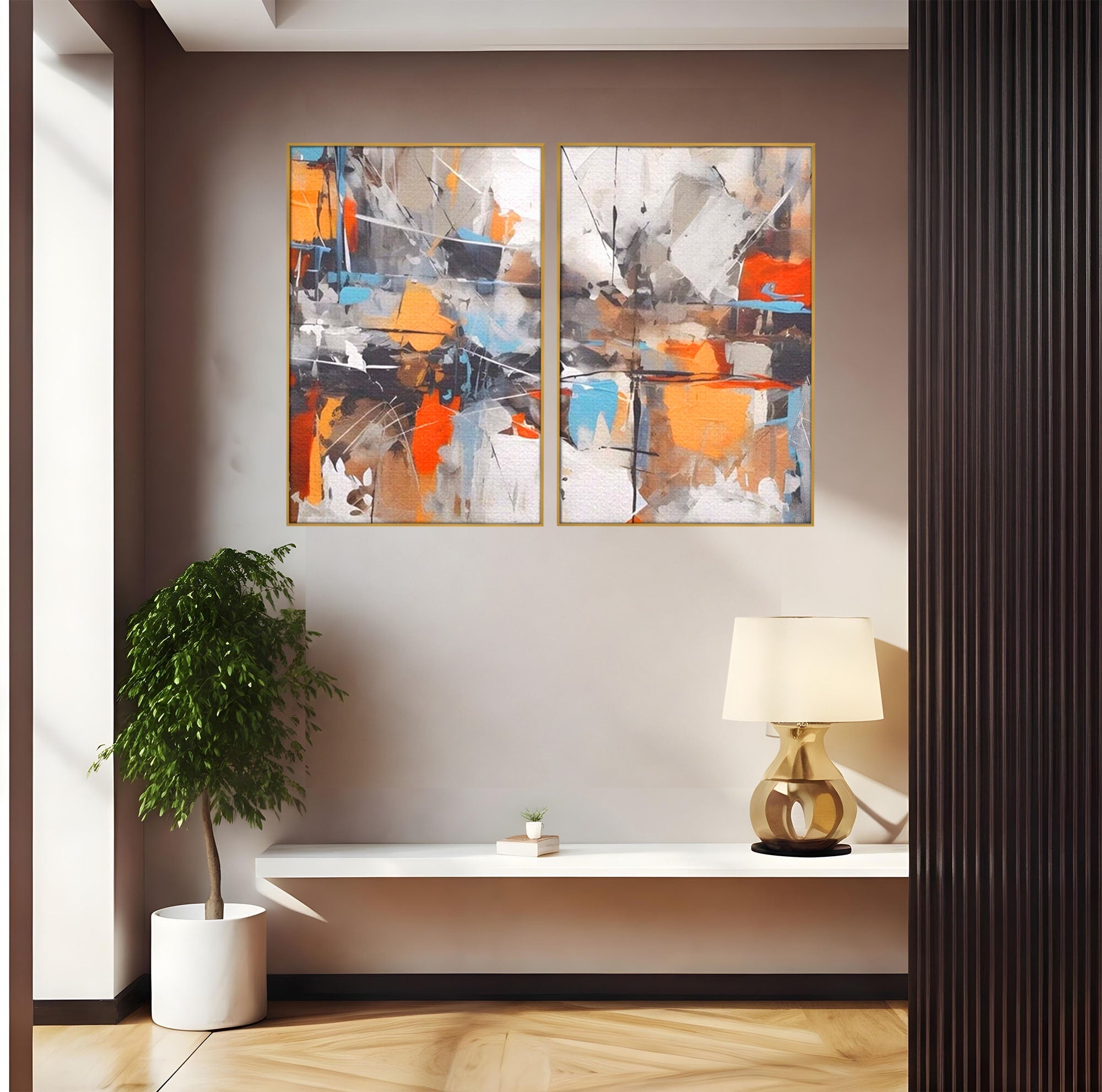 Set 2 Tablouri Canvas Premium LuxCanva® A2-1615, Un Dans Al Culorilor, Living, Blue, Linii, Pensulat, Decorativ, Dormitor, Culori Vibrante