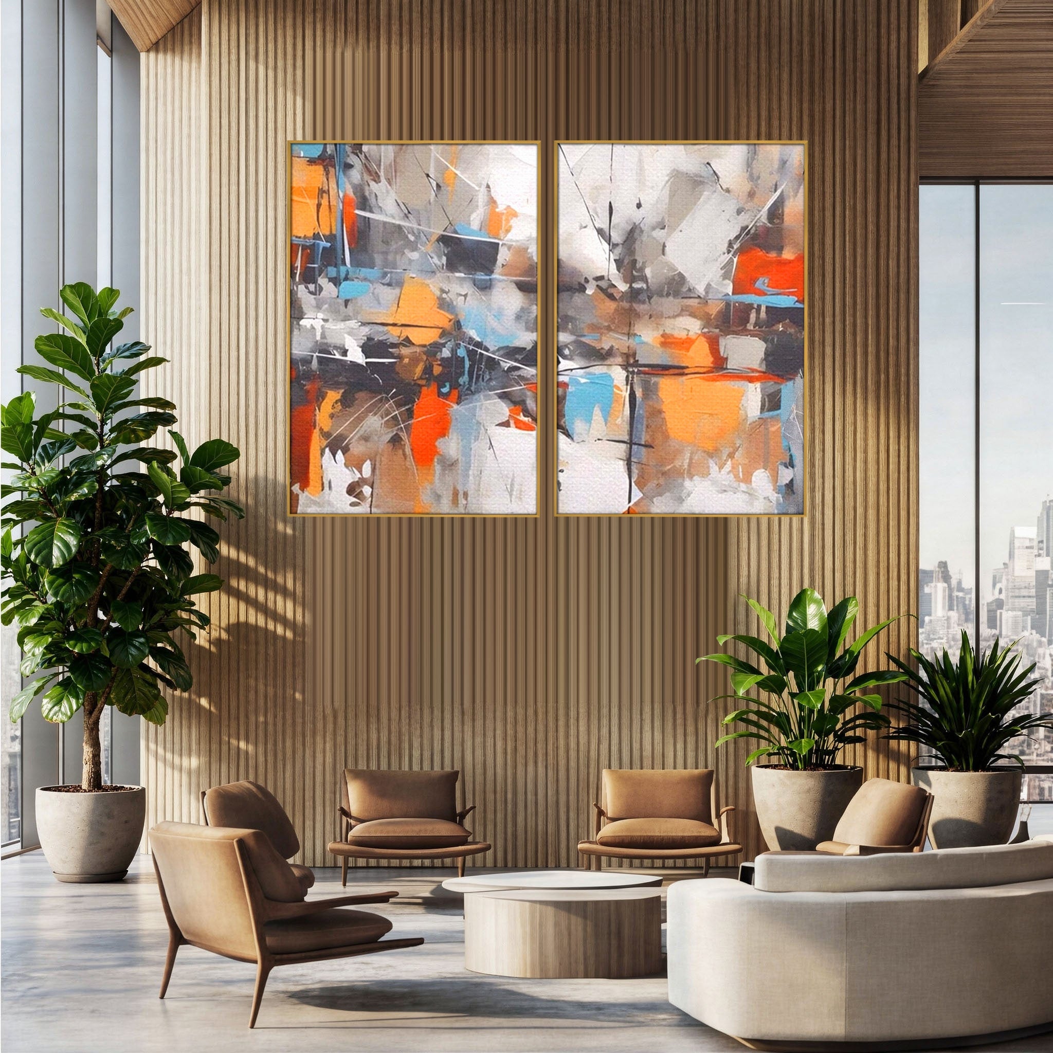 Set 2 Tablouri Canvas Premium LuxCanva® A2-1615, Un Dans Al Culorilor, Living, Blue, Linii, Pensulat, Decorativ, Dormitor, Culori Vibrante