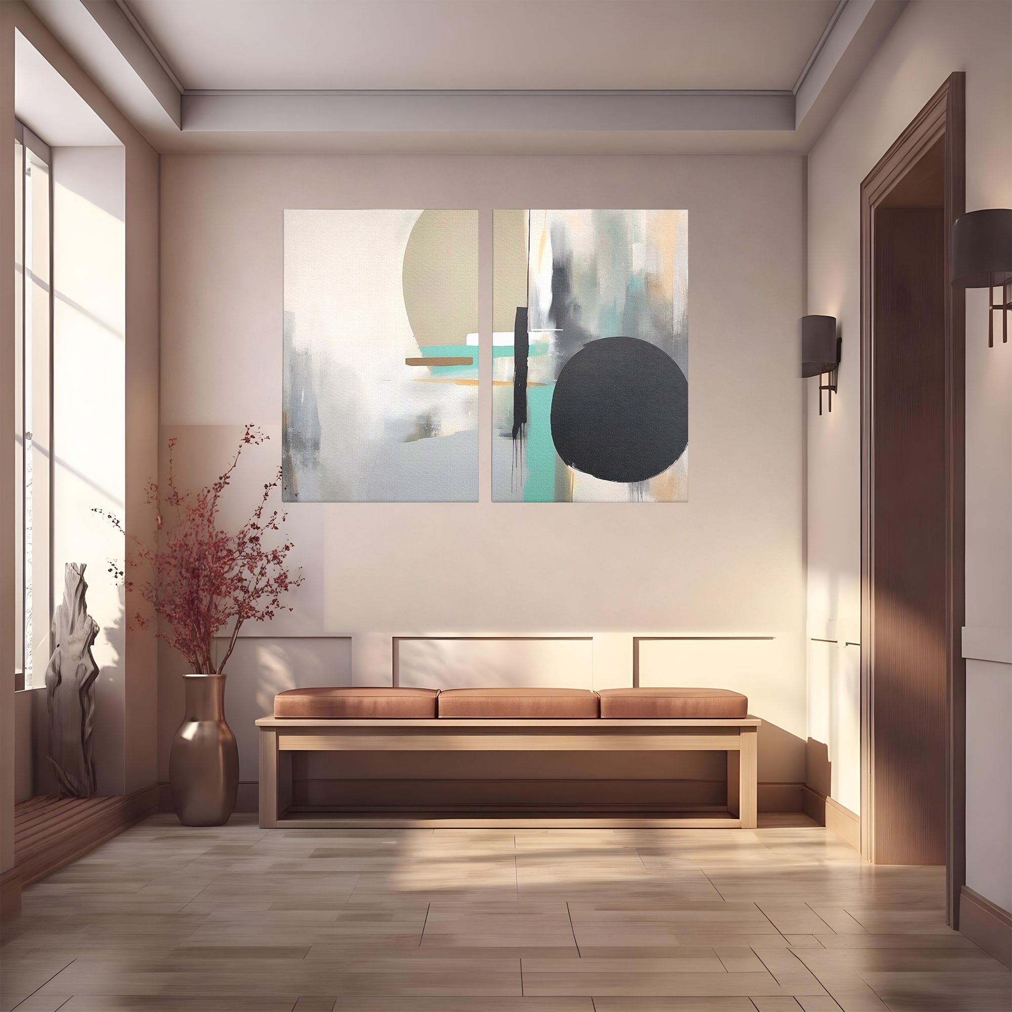 Set 2 Tablouri Canvas Premium LuxCanva® A2-1635, Abstract Circular, Room, Forme, Decorativ, Dormitor, Culori Vibrante
