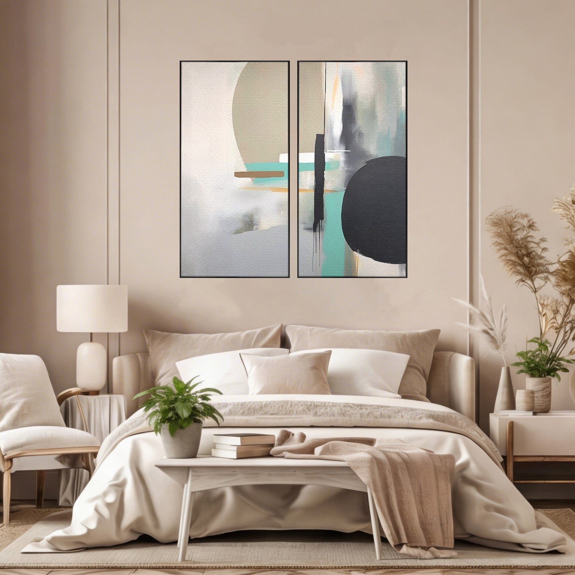 Set 2 Tablouri Canvas Premium LuxCanva® A2-1635, Abstract Circular, Room, Forme, Decorativ, Dormitor, Culori Vibrante