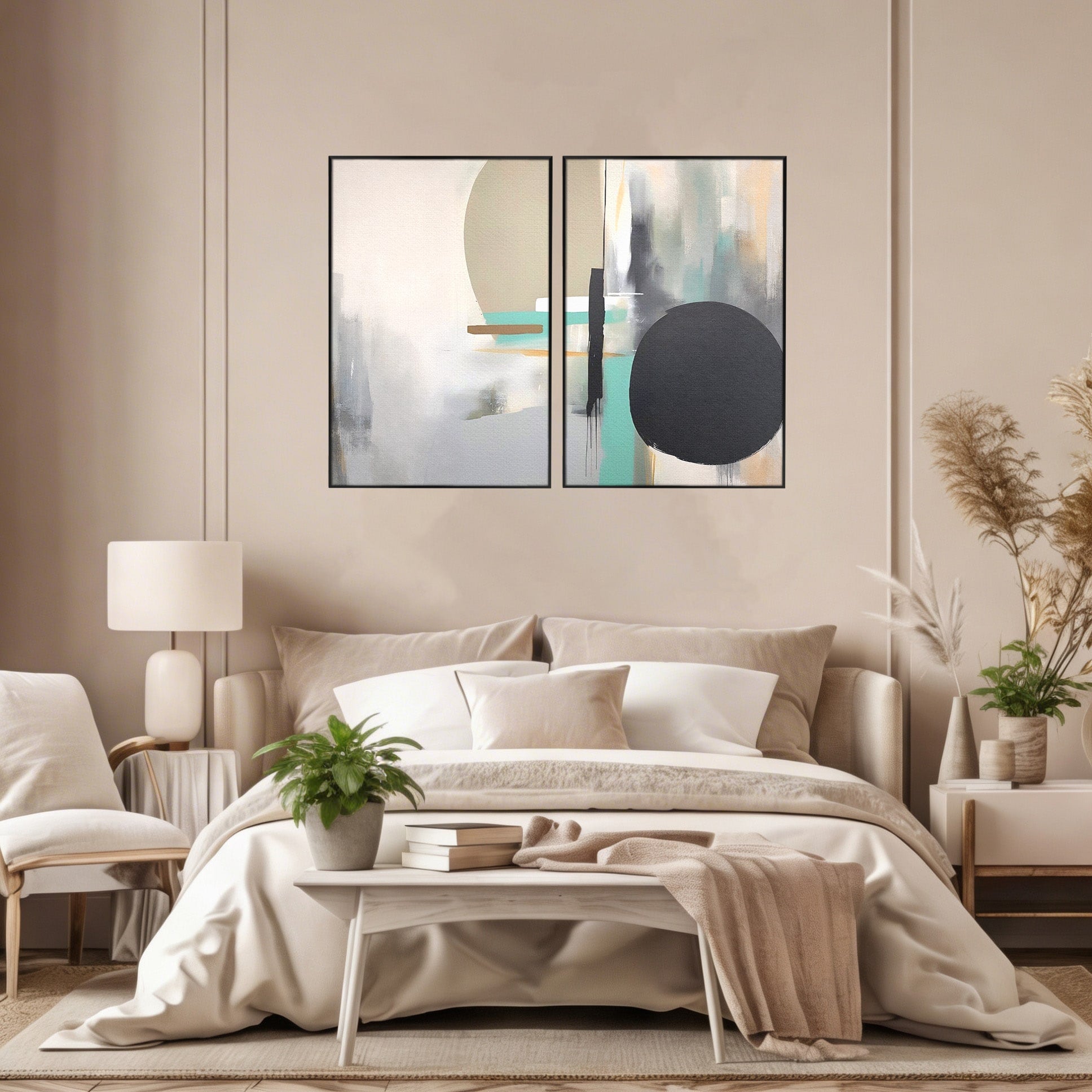 Set 2 Tablouri Canvas Premium LuxCanva® A2-1635, Abstract Circular, Room, Forme, Decorativ, Dormitor, Culori Vibrante