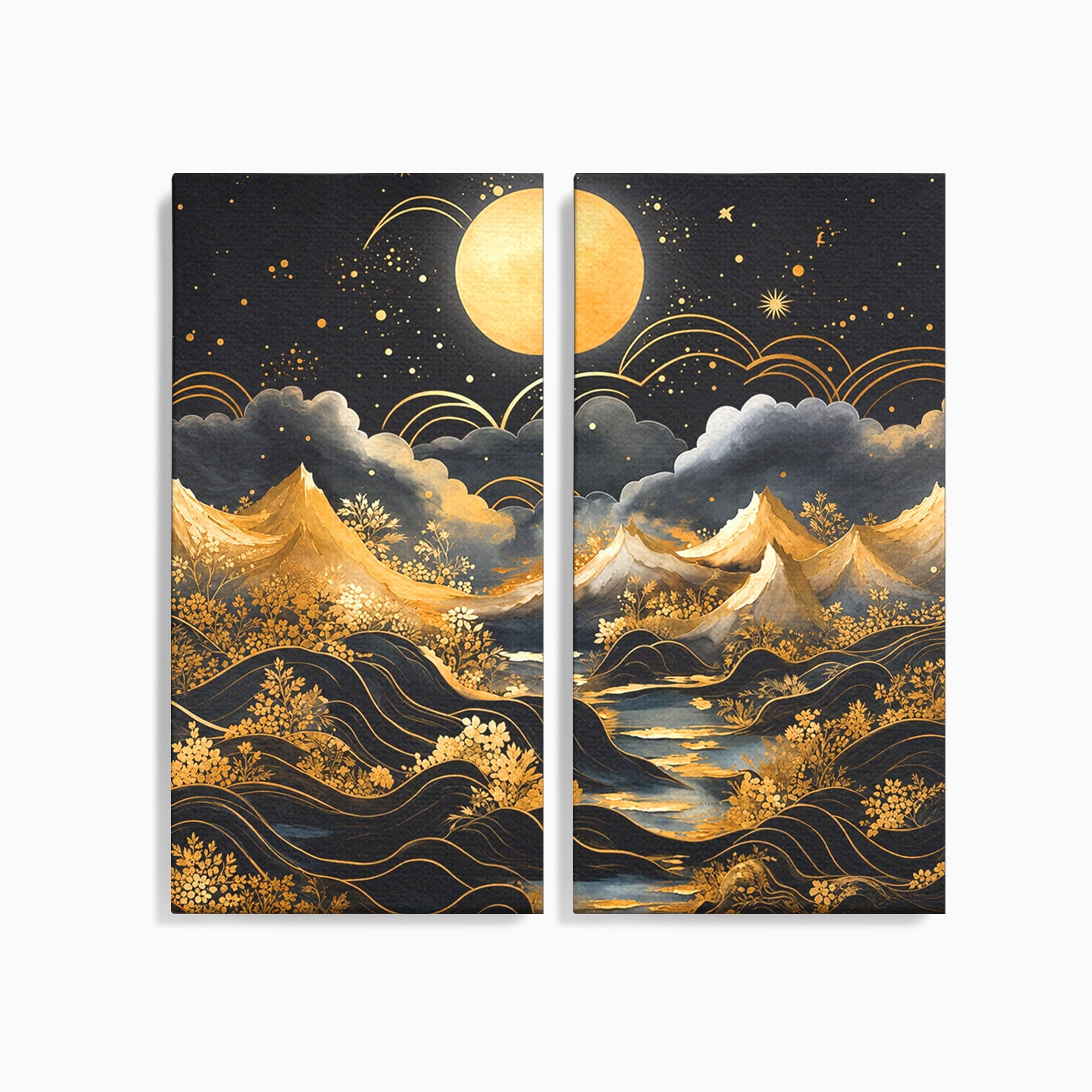 Set 2 Tablouri Canvas Premium LuxCanva® A2-1736, Luna Deasupra Muntilor, Luna, Munti, Peisaj, Noapte, Dormitor, Culori Vibrante