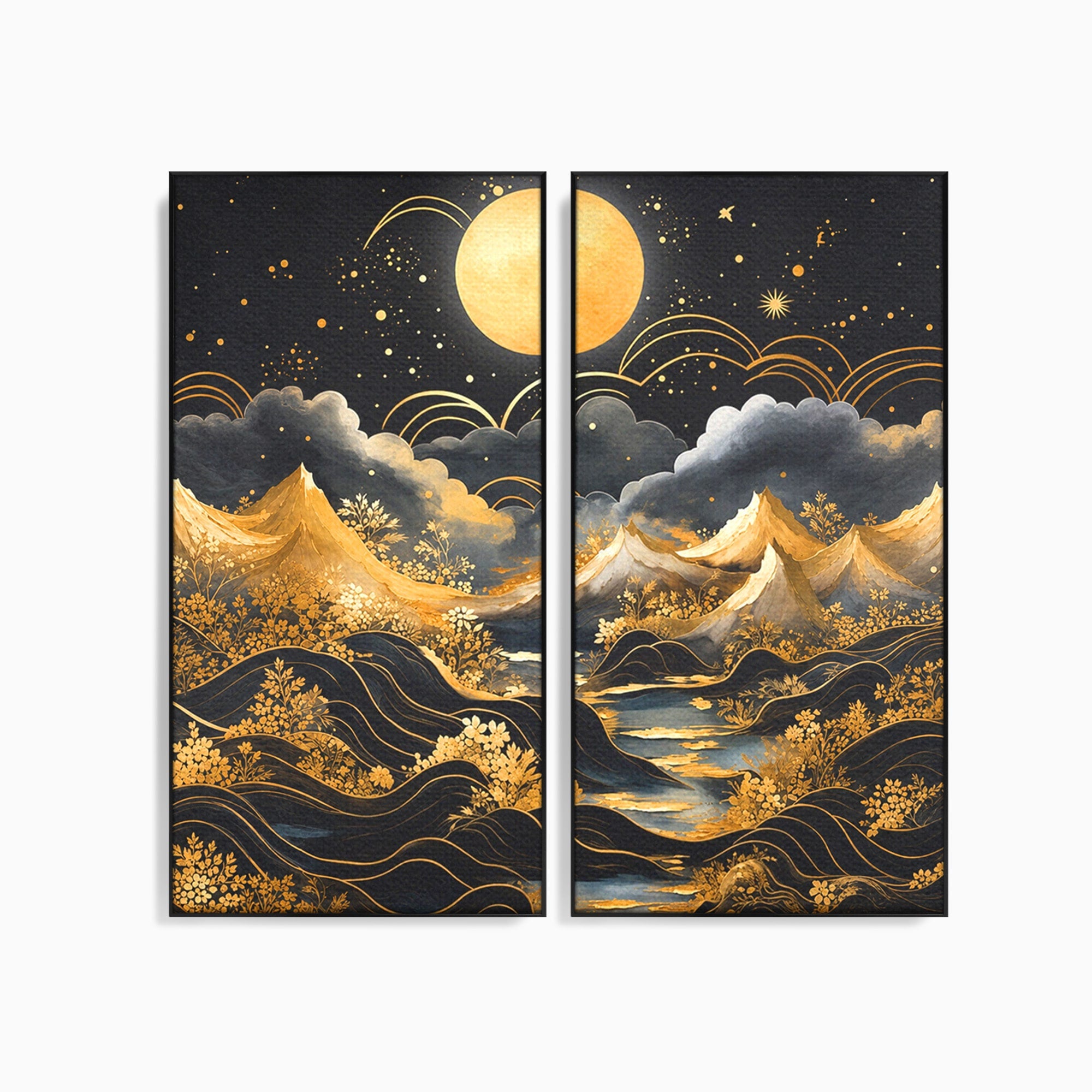 Set 2 Tablouri Canvas Premium LuxCanva® A2-1736, Luna Deasupra Muntilor, Luna, Munti, Peisaj, Noapte, Dormitor, Culori Vibrante