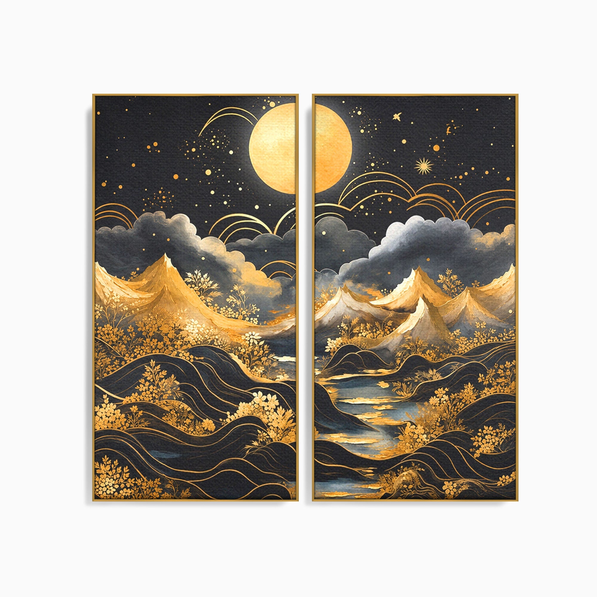 Set 2 Tablouri Canvas Premium LuxCanva® A2-1736, Luna Deasupra Muntilor, Luna, Munti, Peisaj, Noapte, Dormitor, Culori Vibrante