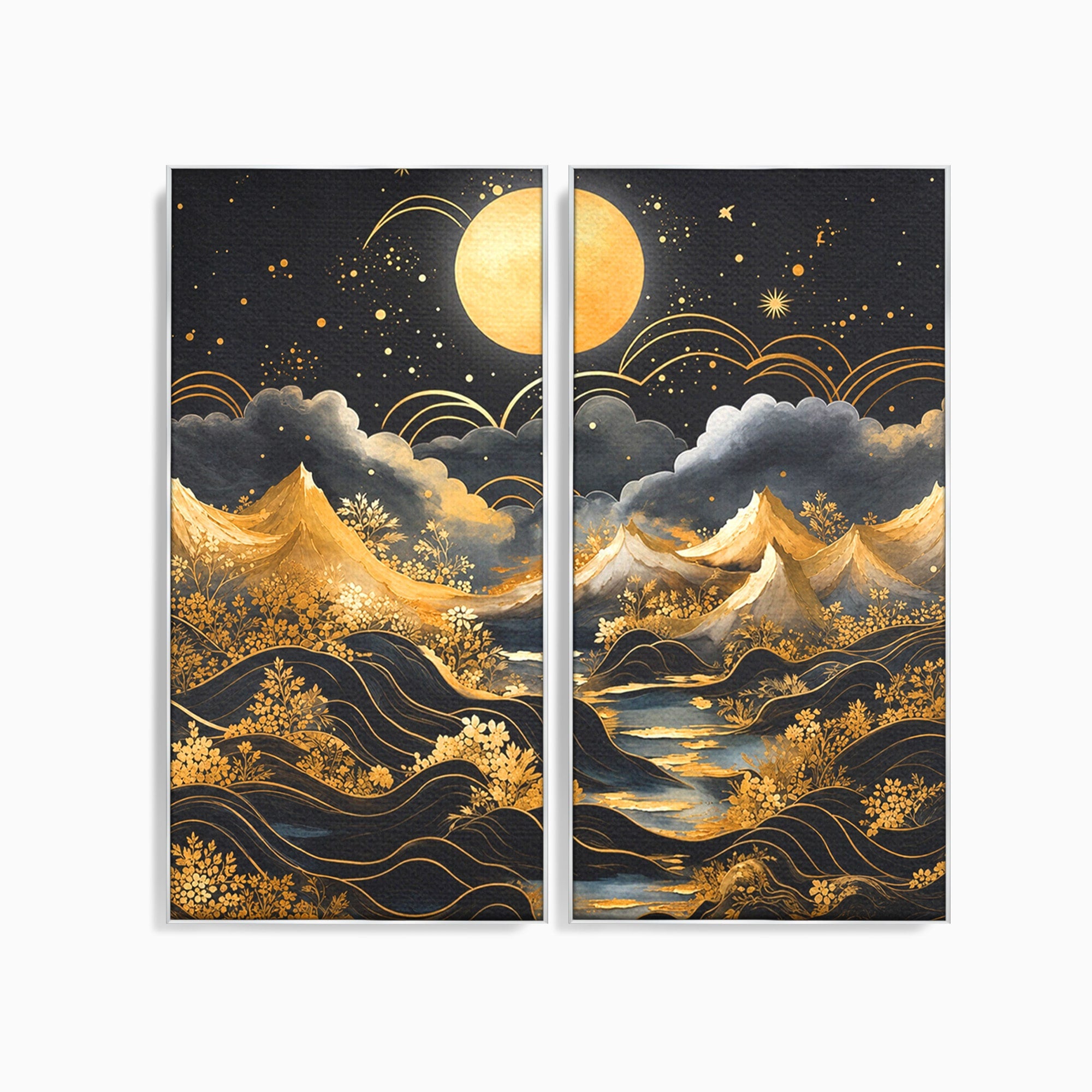 Set 2 Tablouri Canvas Premium LuxCanva® A2-1736, Luna Deasupra Muntilor, Luna, Munti, Peisaj, Noapte, Dormitor, Culori Vibrante