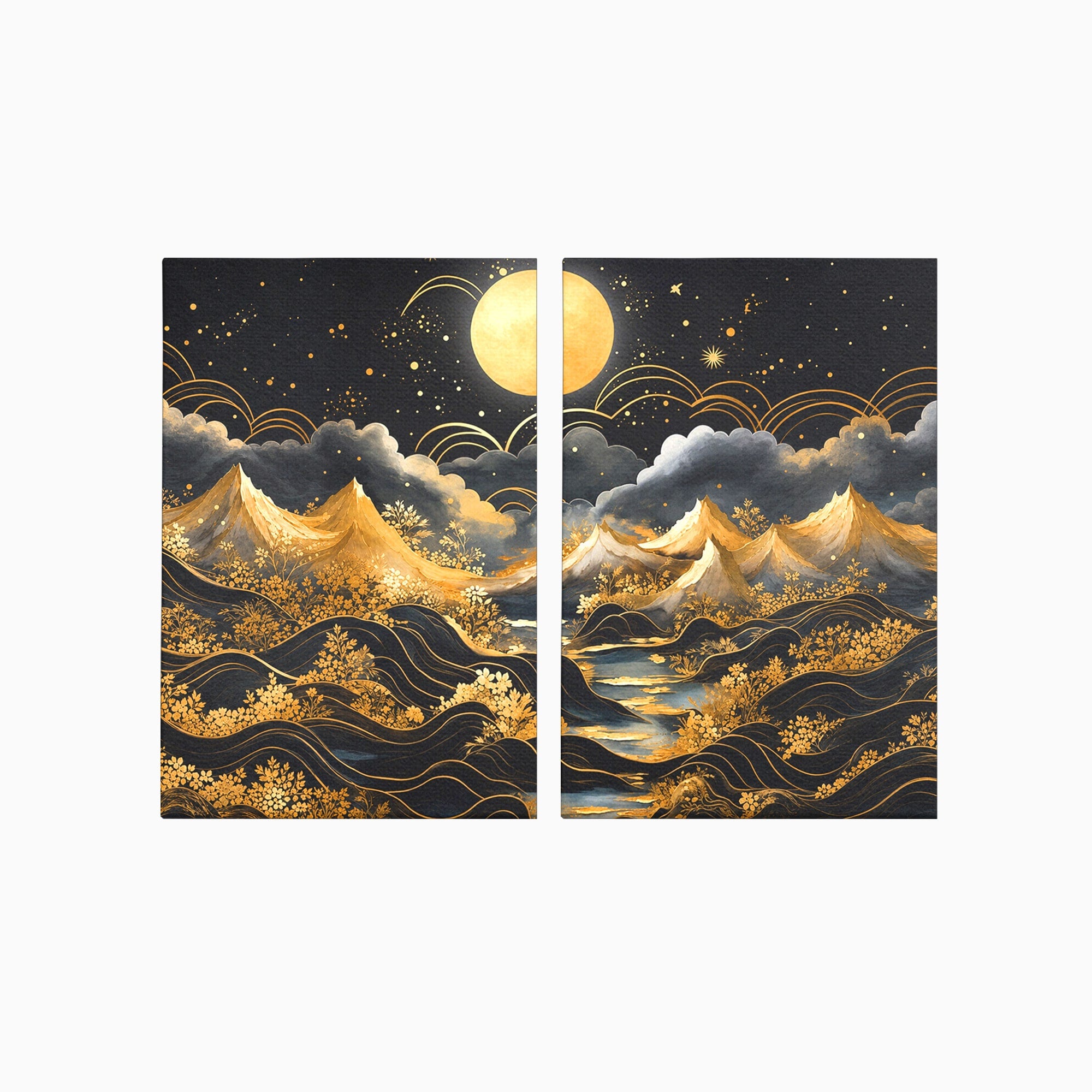 Set 2 Tablouri Canvas Premium LuxCanva® A2-1736, Luna Deasupra Muntilor, Luna, Munti, Peisaj, Noapte, Dormitor, Culori Vibrante
