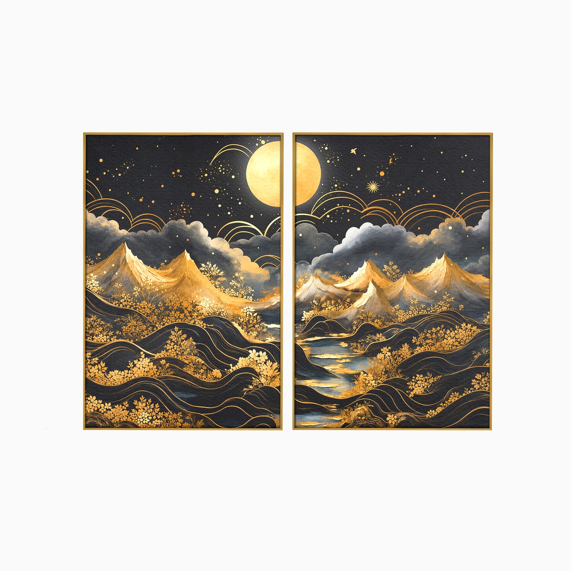 Set 2 Tablouri Canvas Premium LuxCanva® A2-1736, Luna Deasupra Muntilor, Luna, Munti, Peisaj, Noapte, Dormitor, Culori Vibrante