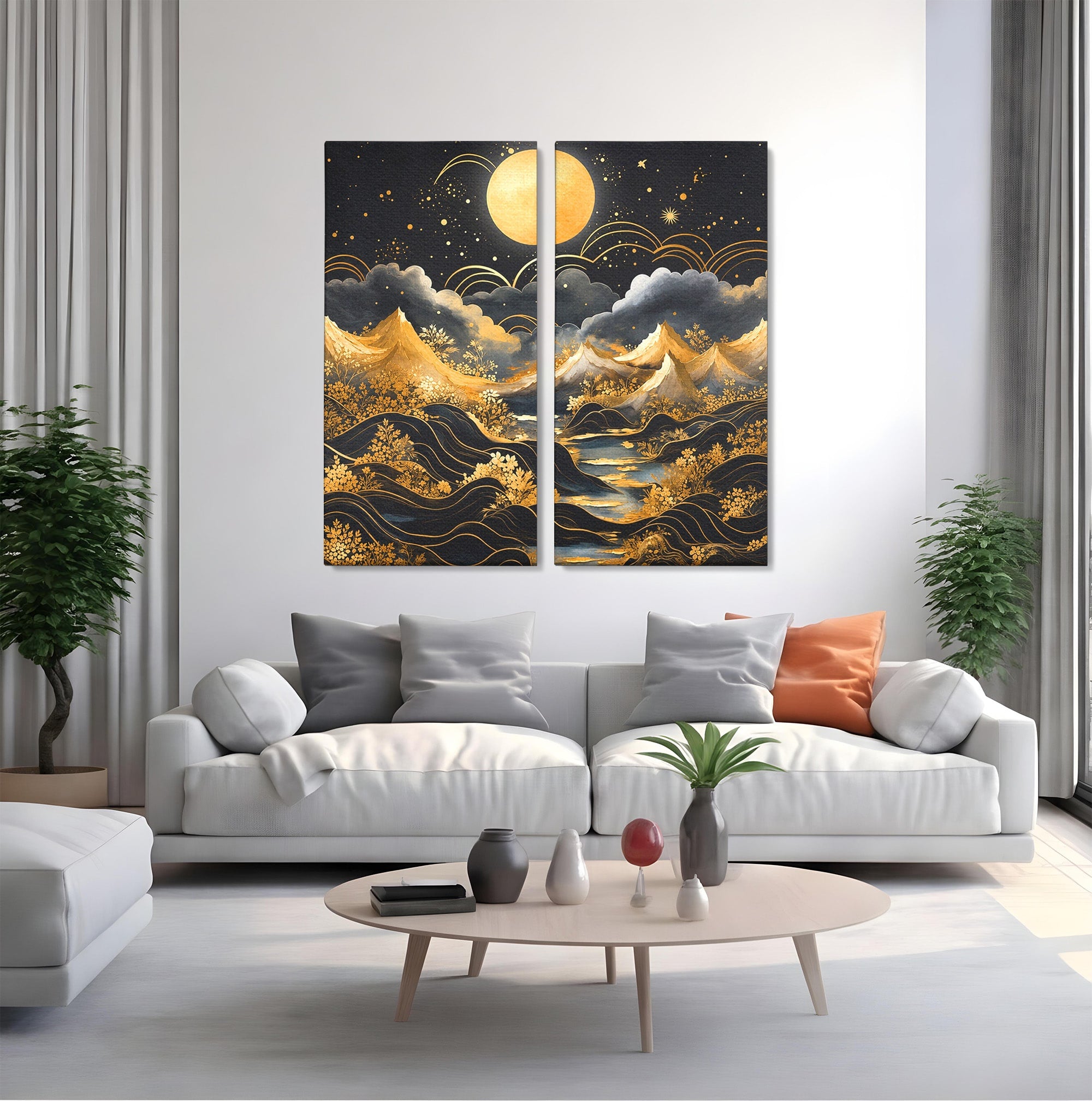 Set 2 Tablouri Canvas Premium LuxCanva® A2-1736, Luna Deasupra Muntilor, Luna, Munti, Peisaj, Noapte, Dormitor, Culori Vibrante