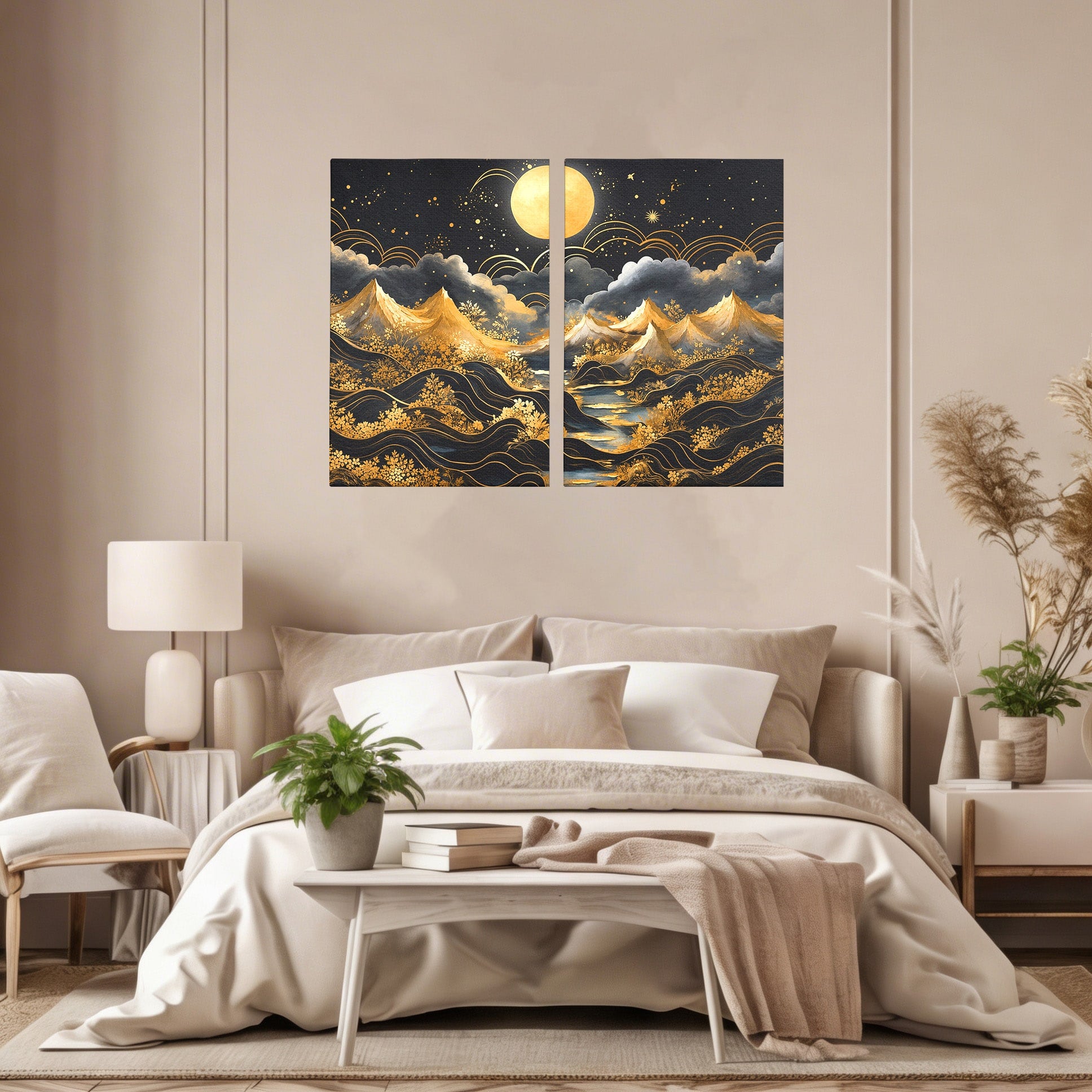 Set 2 Tablouri Canvas Premium LuxCanva® A2-1736, Luna Deasupra Muntilor, Luna, Munti, Peisaj, Noapte, Dormitor, Culori Vibrante