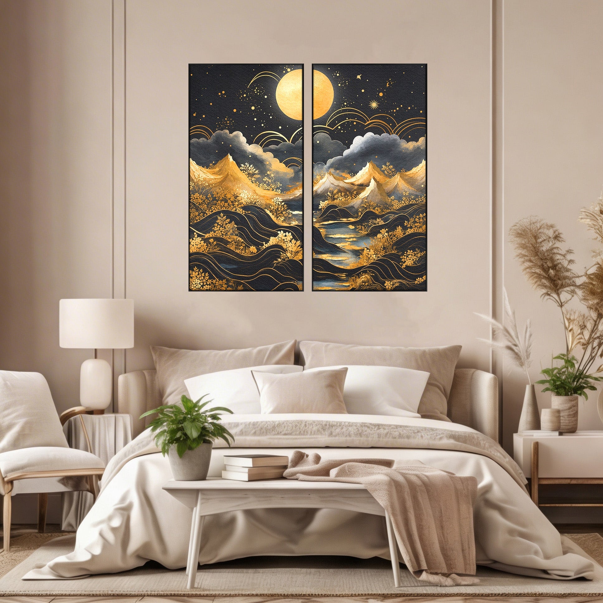 Set 2 Tablouri Canvas Premium LuxCanva® A2-1736, Luna Deasupra Muntilor, Luna, Munti, Peisaj, Noapte, Dormitor, Culori Vibrante