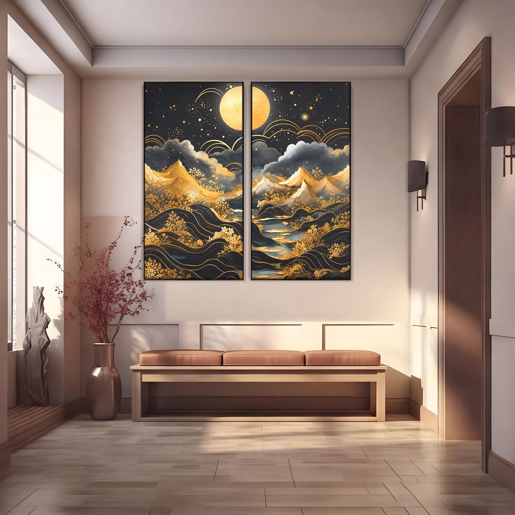 Set 2 Tablouri Canvas Premium LuxCanva® A2-1736, Luna Deasupra Muntilor, Luna, Munti, Peisaj, Noapte, Dormitor, Culori Vibrante