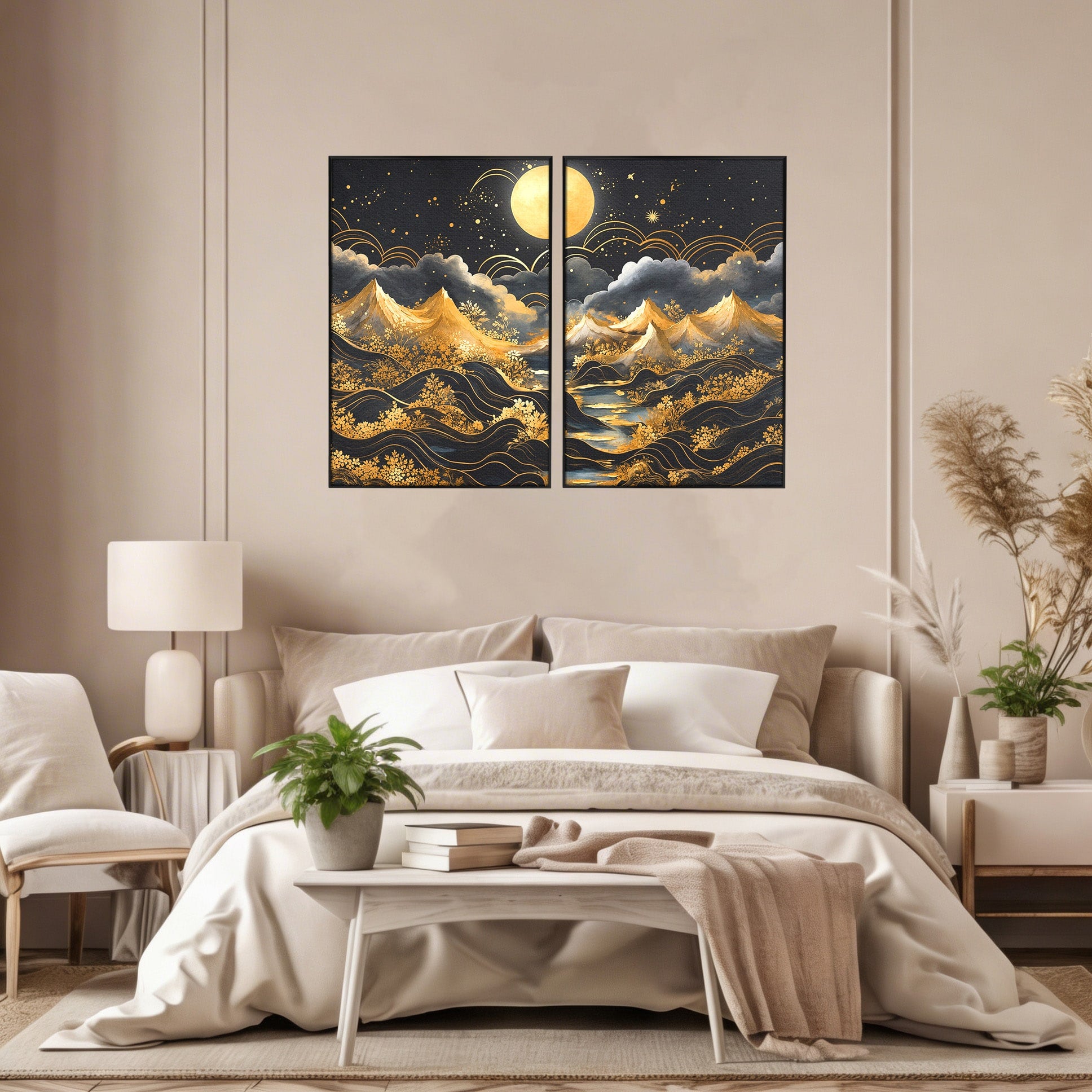 Set 2 Tablouri Canvas Premium LuxCanva® A2-1736, Luna Deasupra Muntilor, Luna, Munti, Peisaj, Noapte, Dormitor, Culori Vibrante
