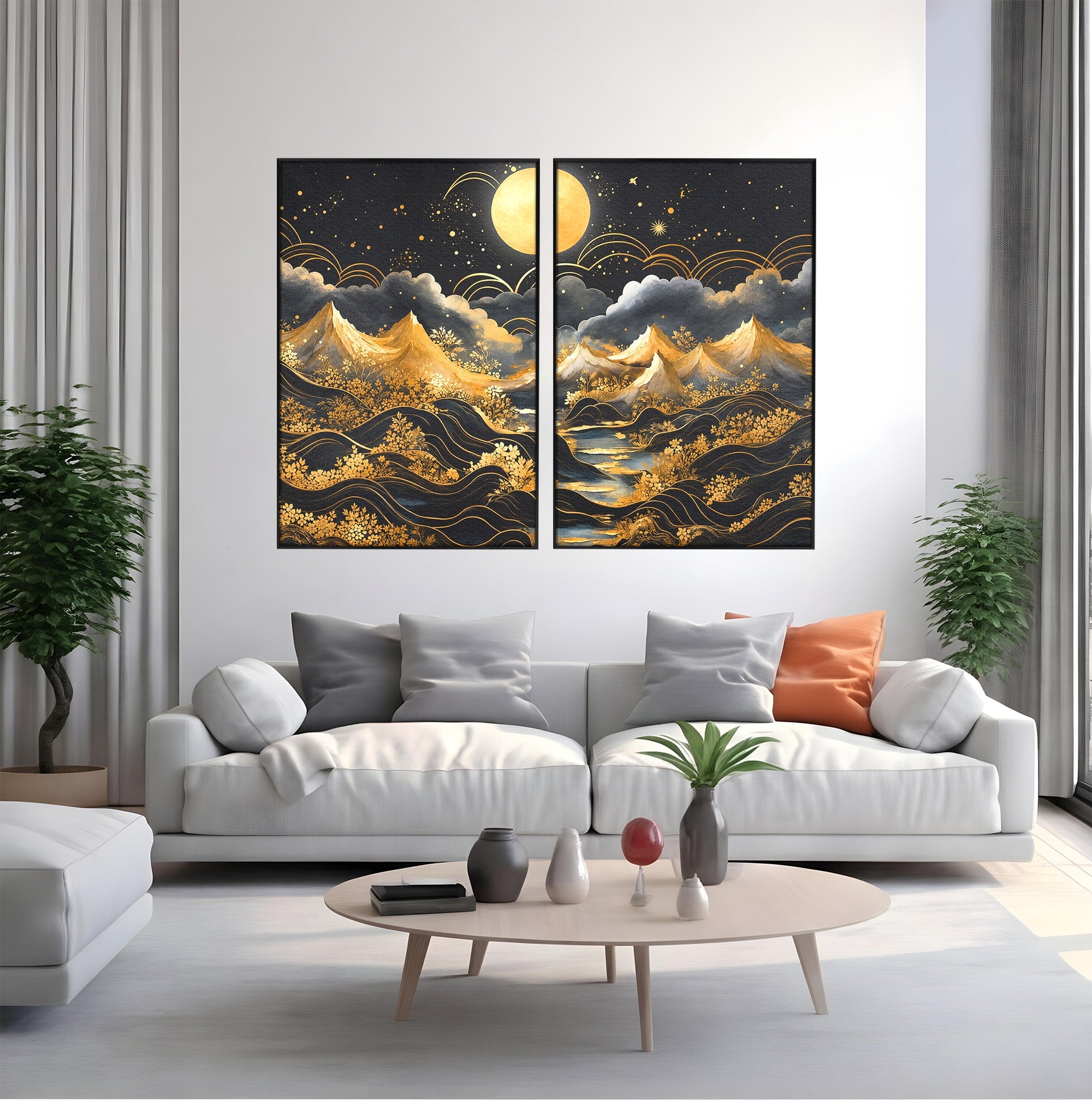 Set 2 Tablouri Canvas Premium LuxCanva® A2-1736, Luna Deasupra Muntilor, Luna, Munti, Peisaj, Noapte, Dormitor, Culori Vibrante