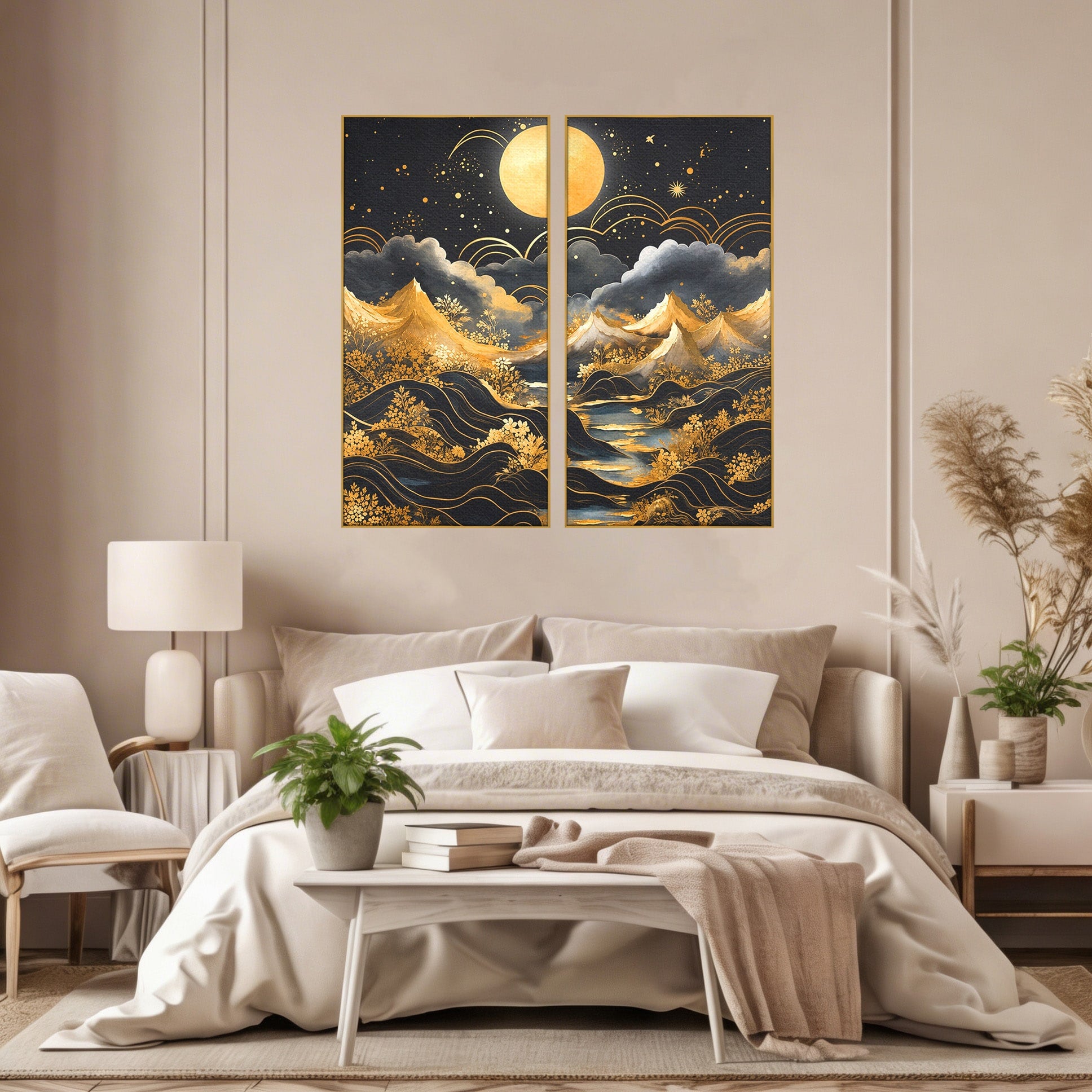 Set 2 Tablouri Canvas Premium LuxCanva® A2-1736, Luna Deasupra Muntilor, Luna, Munti, Peisaj, Noapte, Dormitor, Culori Vibrante