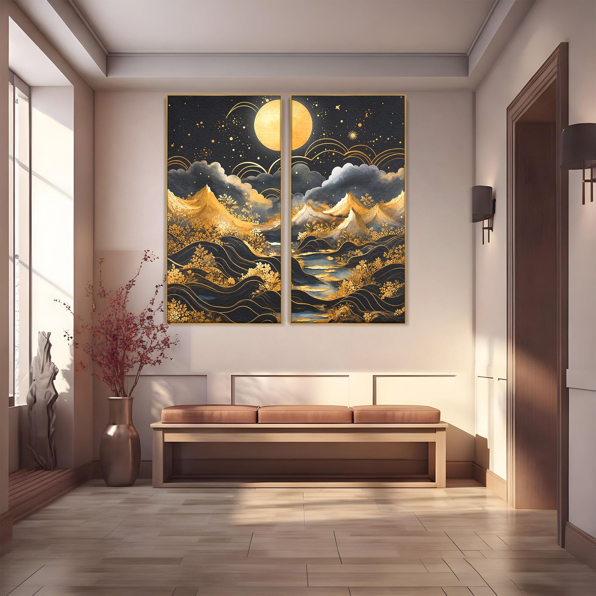 Set 2 Tablouri Canvas Premium LuxCanva® A2-1736, Luna Deasupra Muntilor, Luna, Munti, Peisaj, Noapte, Dormitor, Culori Vibrante