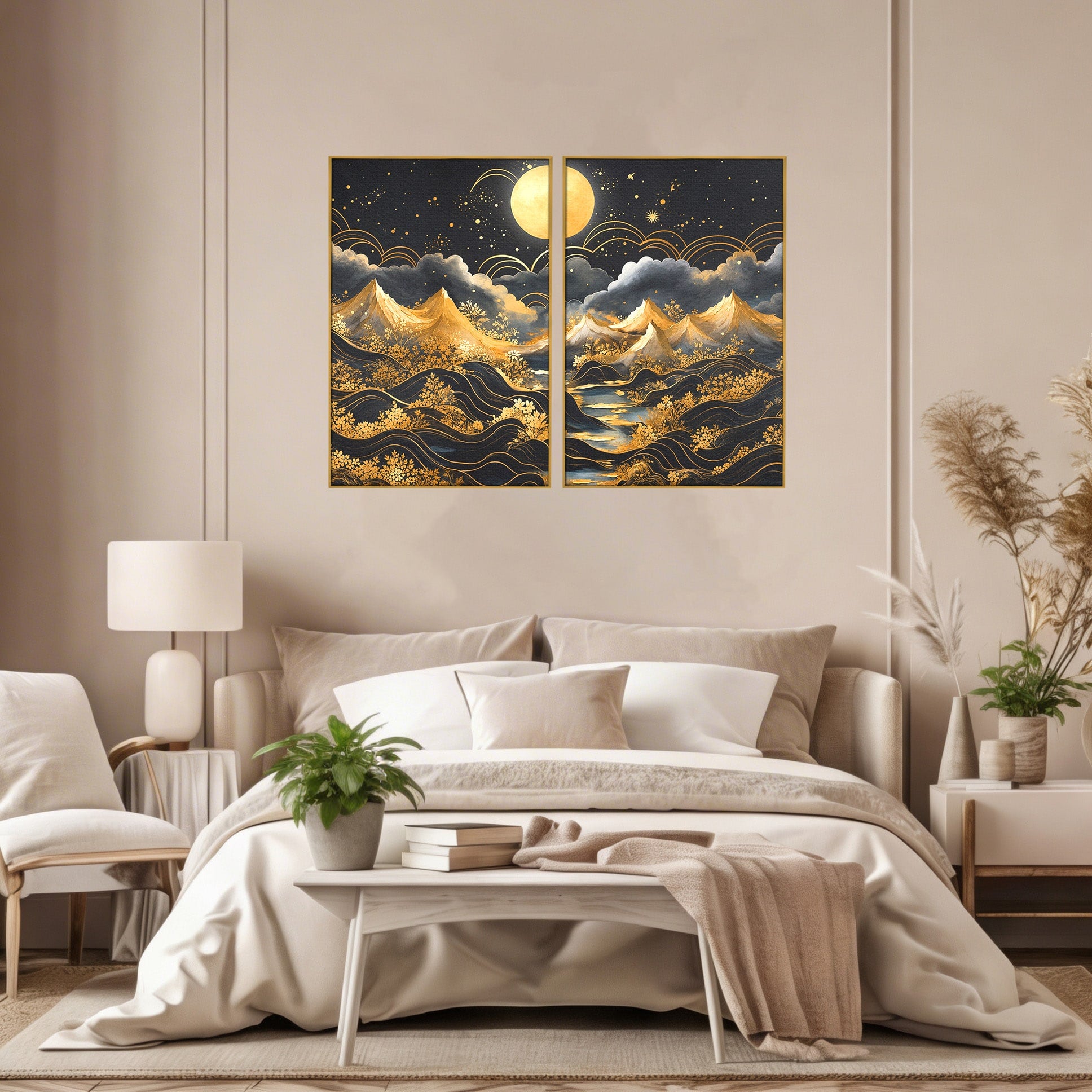 Set 2 Tablouri Canvas Premium LuxCanva® A2-1736, Luna Deasupra Muntilor, Luna, Munti, Peisaj, Noapte, Dormitor, Culori Vibrante