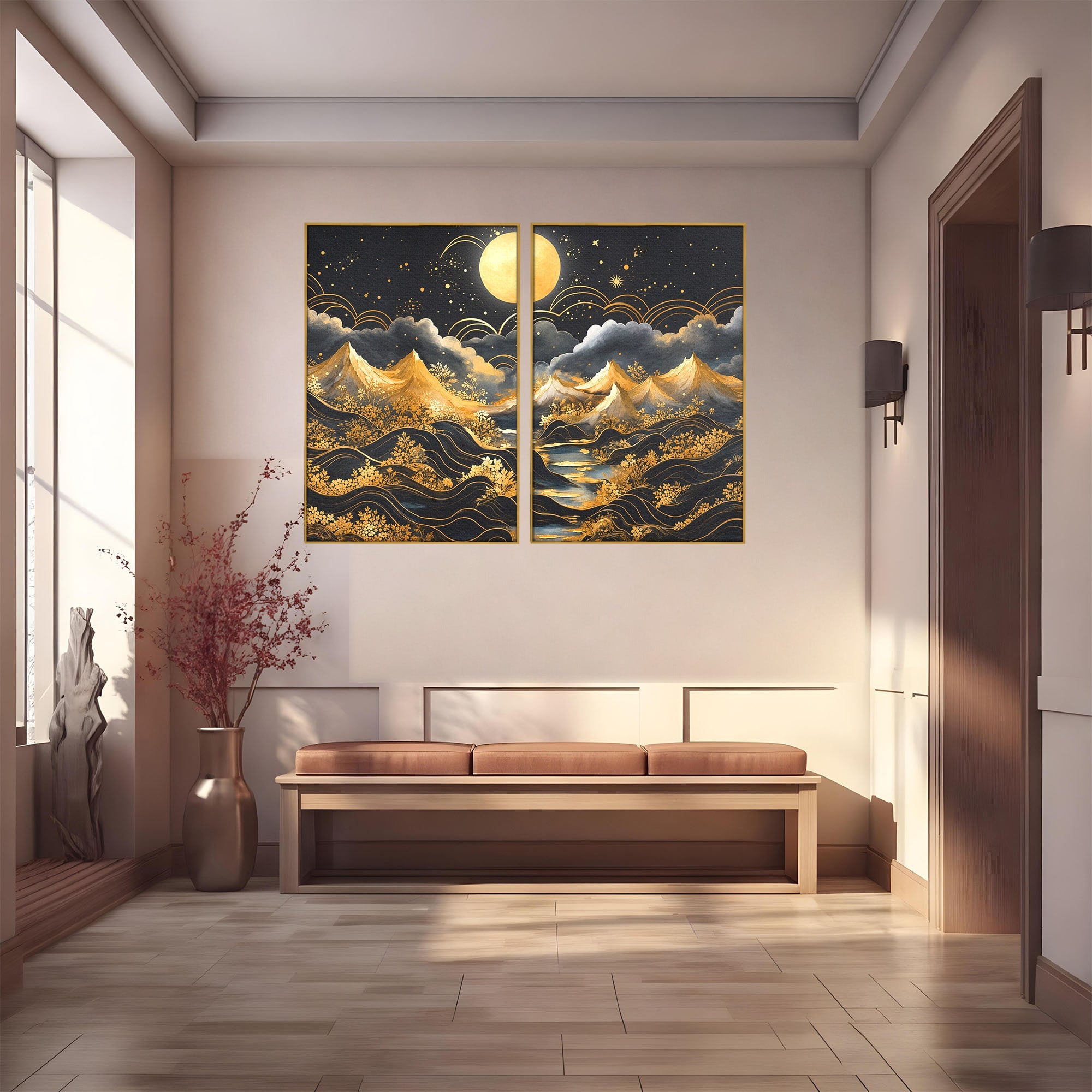 Set 2 Tablouri Canvas Premium LuxCanva® A2-1736, Luna Deasupra Muntilor, Luna, Munti, Peisaj, Noapte, Dormitor, Culori Vibrante