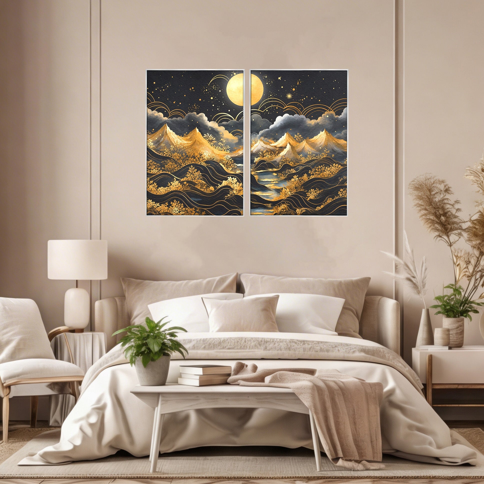 Set 2 Tablouri Canvas Premium LuxCanva® A2-1736, Luna Deasupra Muntilor, Luna, Munti, Peisaj, Noapte, Dormitor, Culori Vibrante