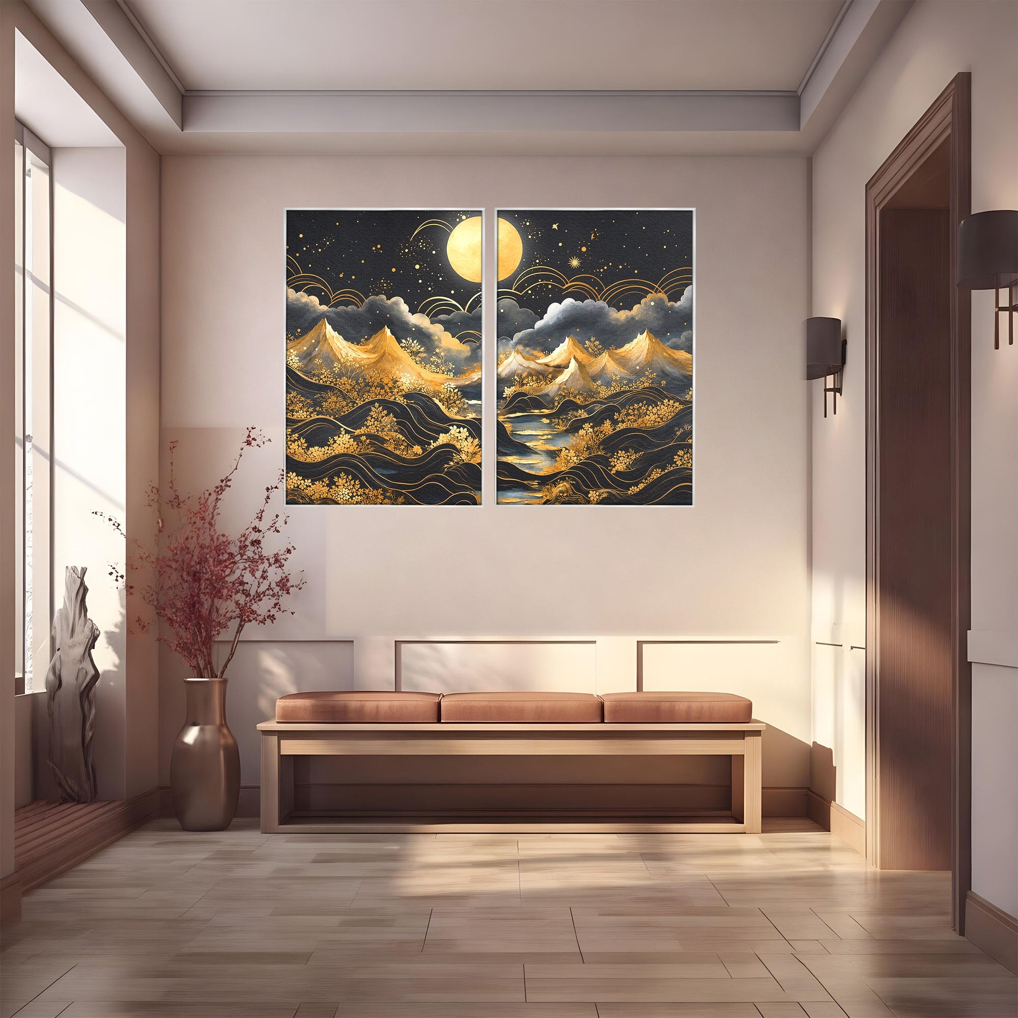 Set 2 Tablouri Canvas Premium LuxCanva® A2-1736, Luna Deasupra Muntilor, Luna, Munti, Peisaj, Noapte, Dormitor, Culori Vibrante