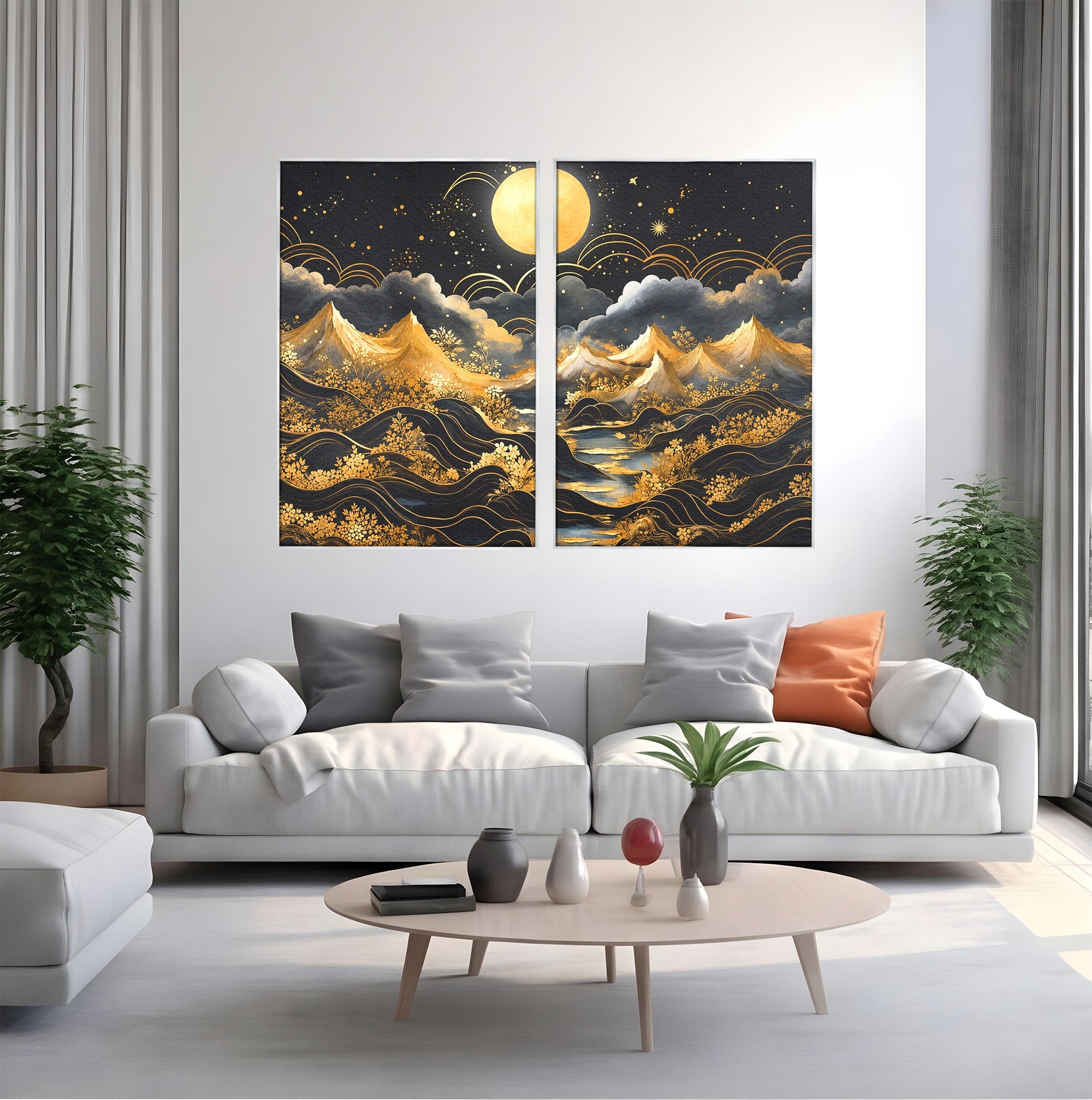 Set 2 Tablouri Canvas Premium LuxCanva® A2-1736, Luna Deasupra Muntilor, Luna, Munti, Peisaj, Noapte, Dormitor, Culori Vibrante