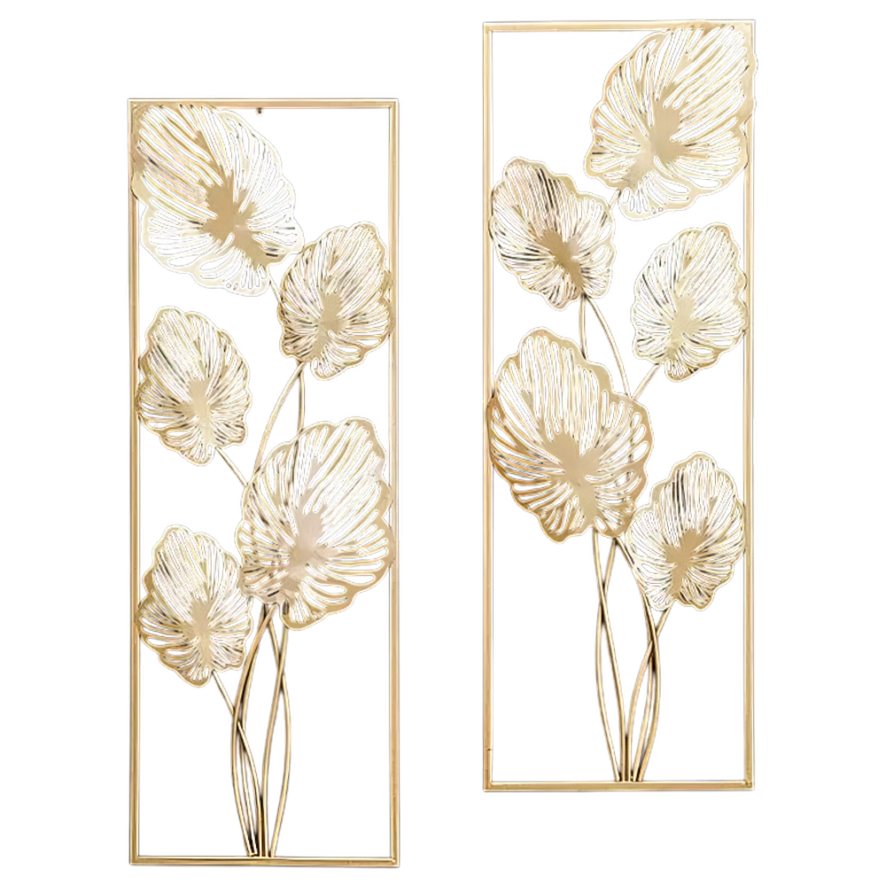 Set 2 Decoratiuni Metalice de Perete LuxCanva® Eden Leaf Frame A2002, din Metal, Verticale, Auriu, Dimensiune Mare 31 × 85 x 3.5 cm
