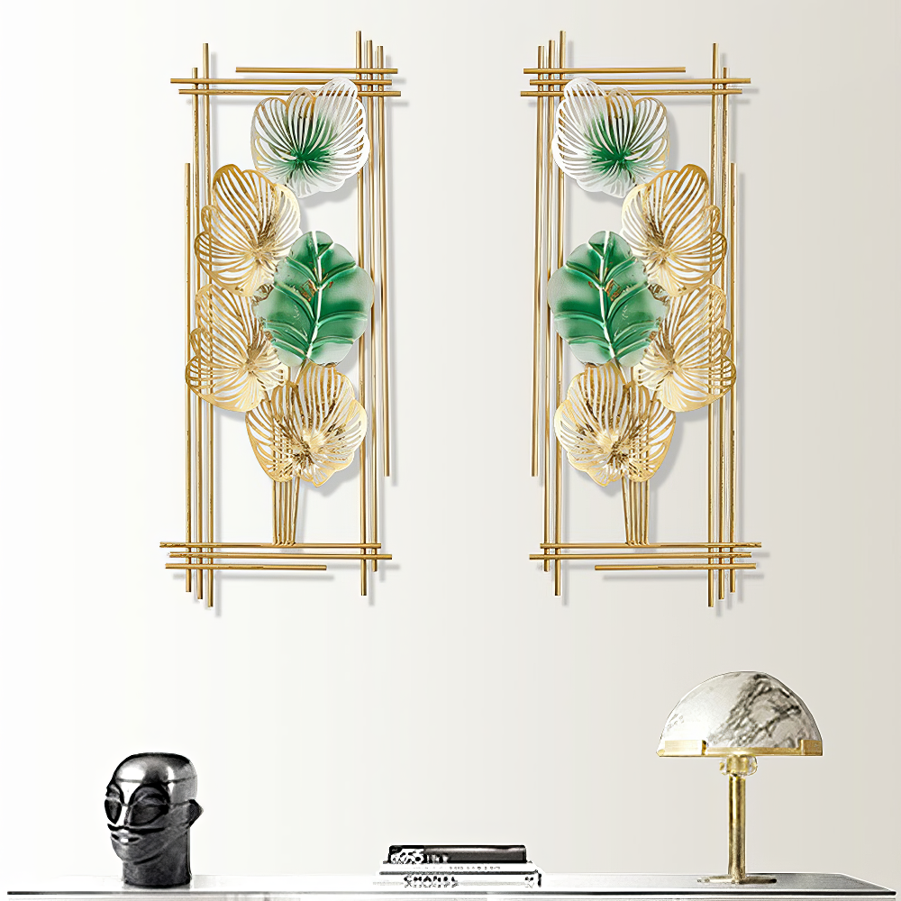 Set 2 Decoratiuni Metalice de Perete LuxCanva® Emerald Leaf Frame A2004, din Metal, Verticale, Auriu, Verde, Dimensiune Mare 37 × 86 × 3.5 cm