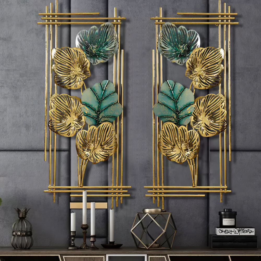 Set 2 Decoratiuni Metalice de Perete LuxCanva® Emerald Leaf Frame A2004, din Metal, Verticale, Auriu, Verde, Dimensiune Mare 37 × 86 × 3.5 cm