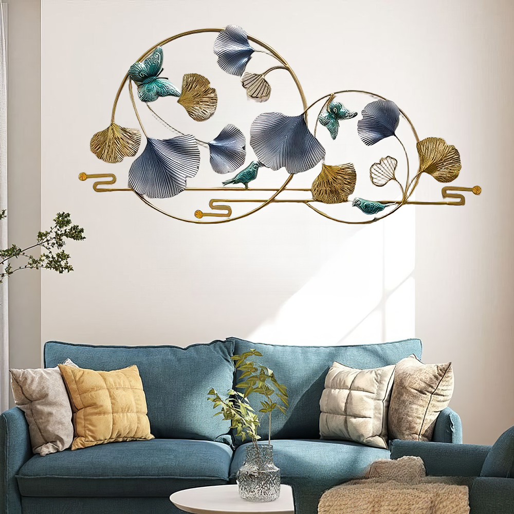 Decoratiune Metalica de Perete LuxCanva® BlueHaven A2035, din Metal, Orizontala, Albastru, Verde, Auriu, Dimensiune Mare 120 x 60 cm