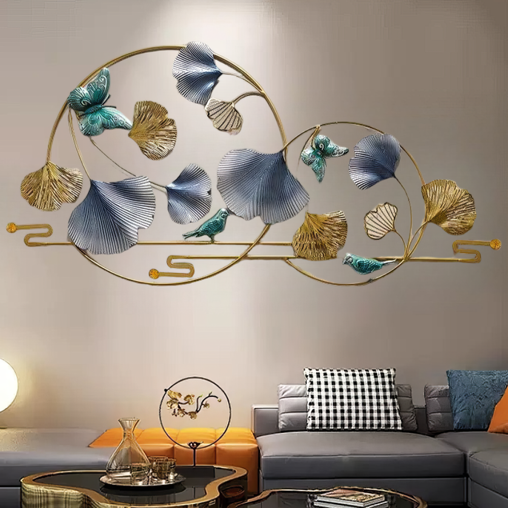 Decoratiune Metalica de Perete LuxCanva® BlueHaven A2035, din Metal, Orizontala, Albastru, Verde, Auriu, Dimensiune Mare 120 x 60 cm