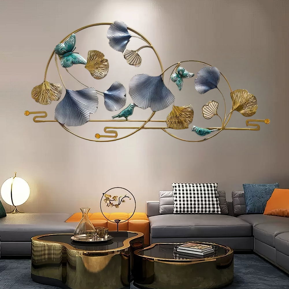 Decoratiune Metalica de Perete LuxCanva® BlueHaven A2035, din Metal, Orizontala, Albastru, Verde, Auriu, Dimensiune Mare 120 x 60 cm