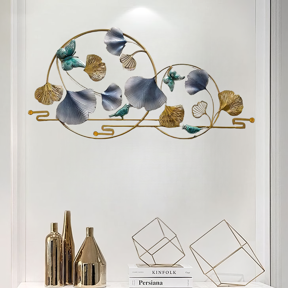 Decoratiune Metalica de Perete LuxCanva® BlueHaven A2035, din Metal, Orizontala, Albastru, Verde, Auriu, Dimensiune Mare 120 x 60 cm