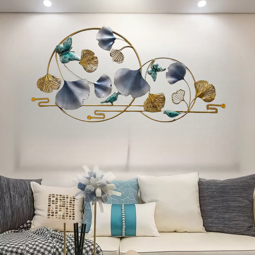 Decoratiune Metalica de Perete LuxCanva® BlueHaven A2035, din Metal, Orizontala, Albastru, Verde, Auriu, Dimensiune Mare 120 x 60 cm