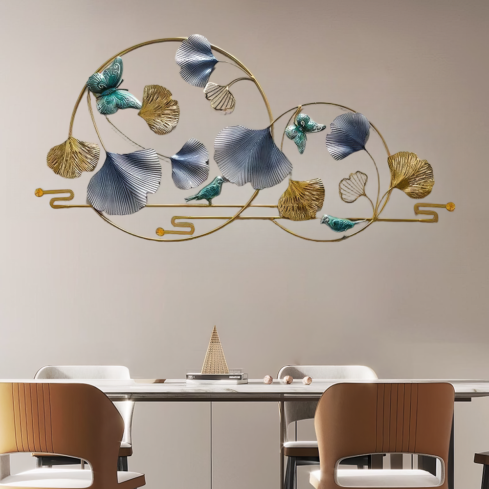 Decoratiune Metalica de Perete LuxCanva® BlueHaven A2035, din Metal, Orizontala, Albastru, Verde, Auriu, Dimensiune Mare 120 x 60 cm