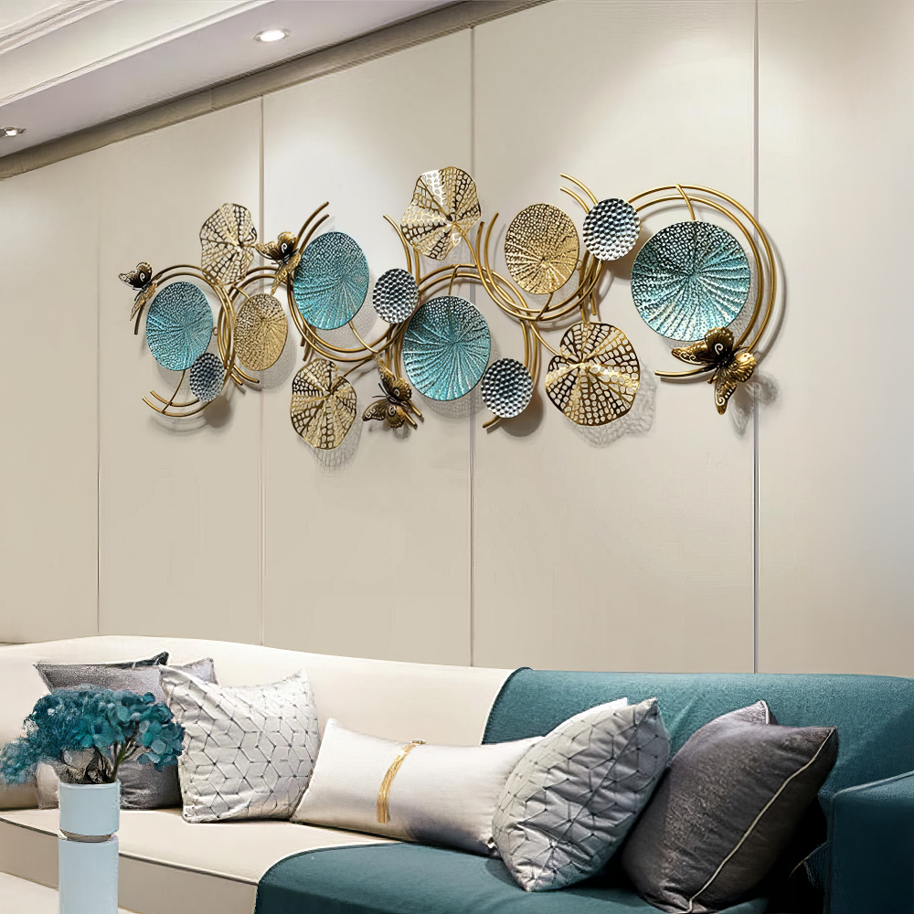 Decoratiune Metalica de Perete LuxCanva® Ocean Harmony A2136L, din Metal, Orizontala, Auriu, Turcoaz, Gri, Dimensiune Mare 157 x 57 cm