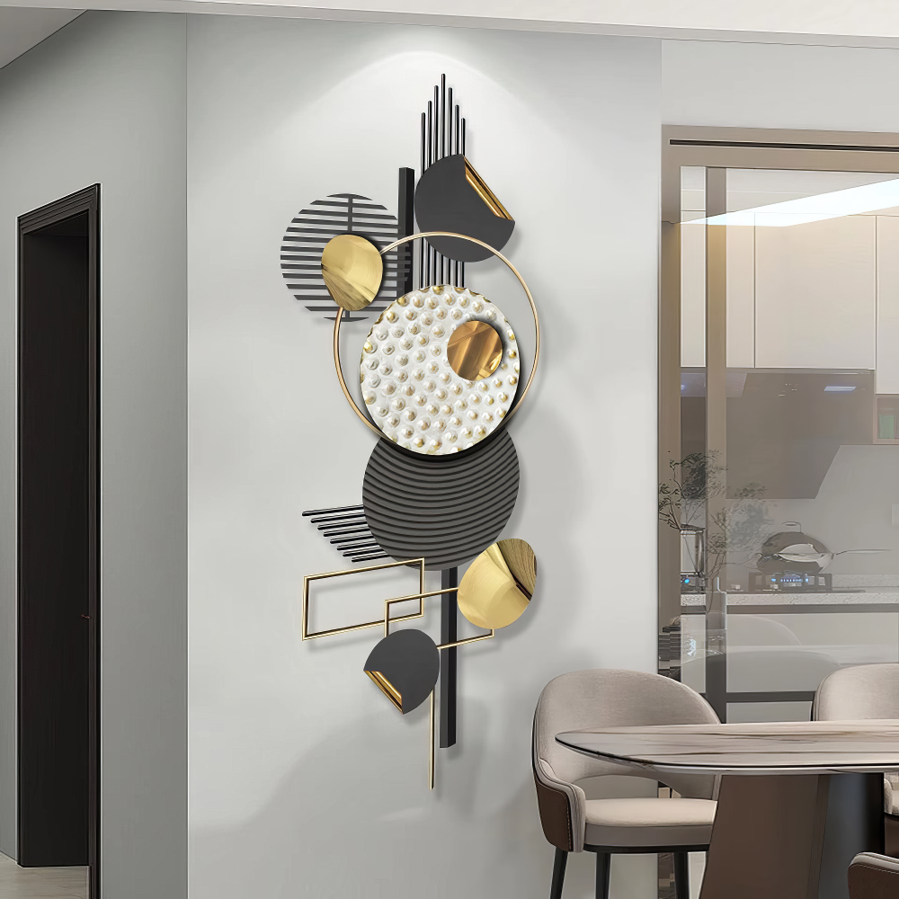 Decoratiune Metalica de Perete LuxCanva® Silent Geometry A2452, din Metal, Negru, Gold, Alb, Gri, Auriu, Dimensiune Mare 150 x 60 cm