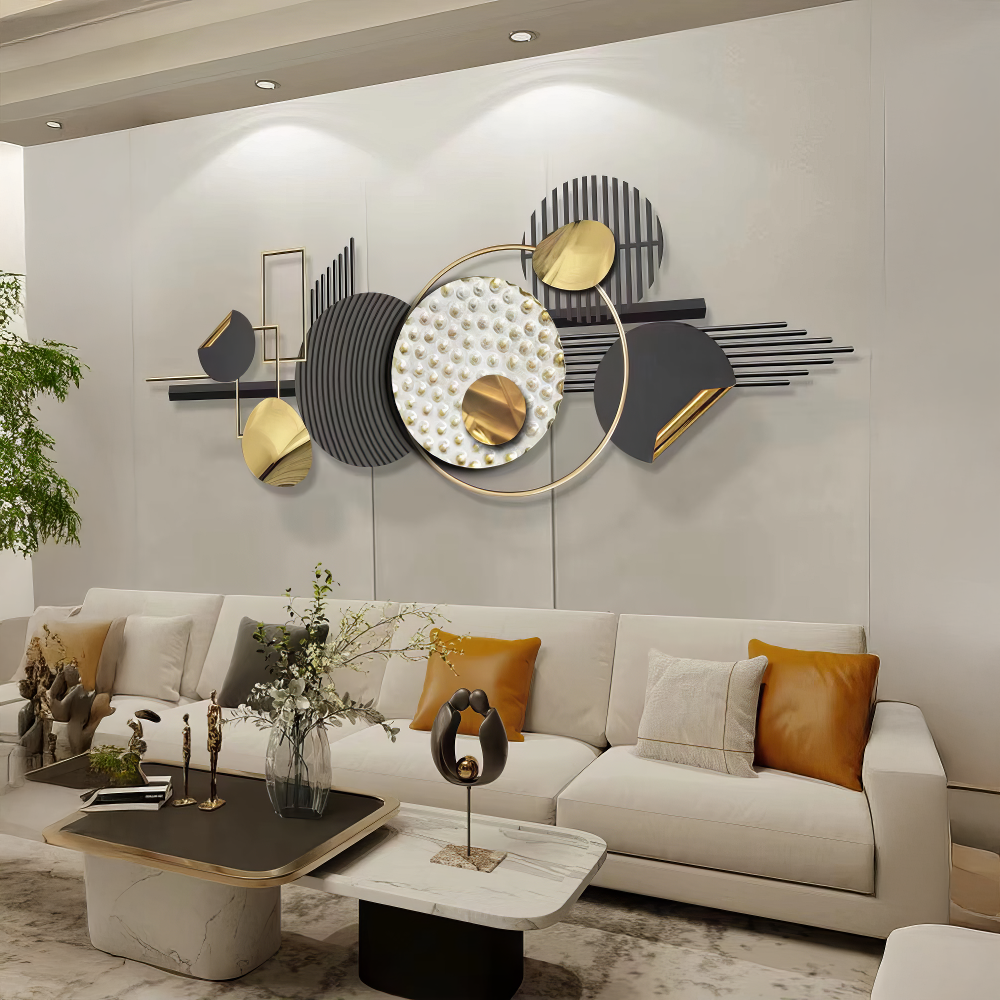 Decoratiune Metalica de Perete LuxCanva® Silent Geometry A2452, din Metal, Negru, Gold, Alb, Gri, Auriu, Dimensiune Mare 150 x 60 cm