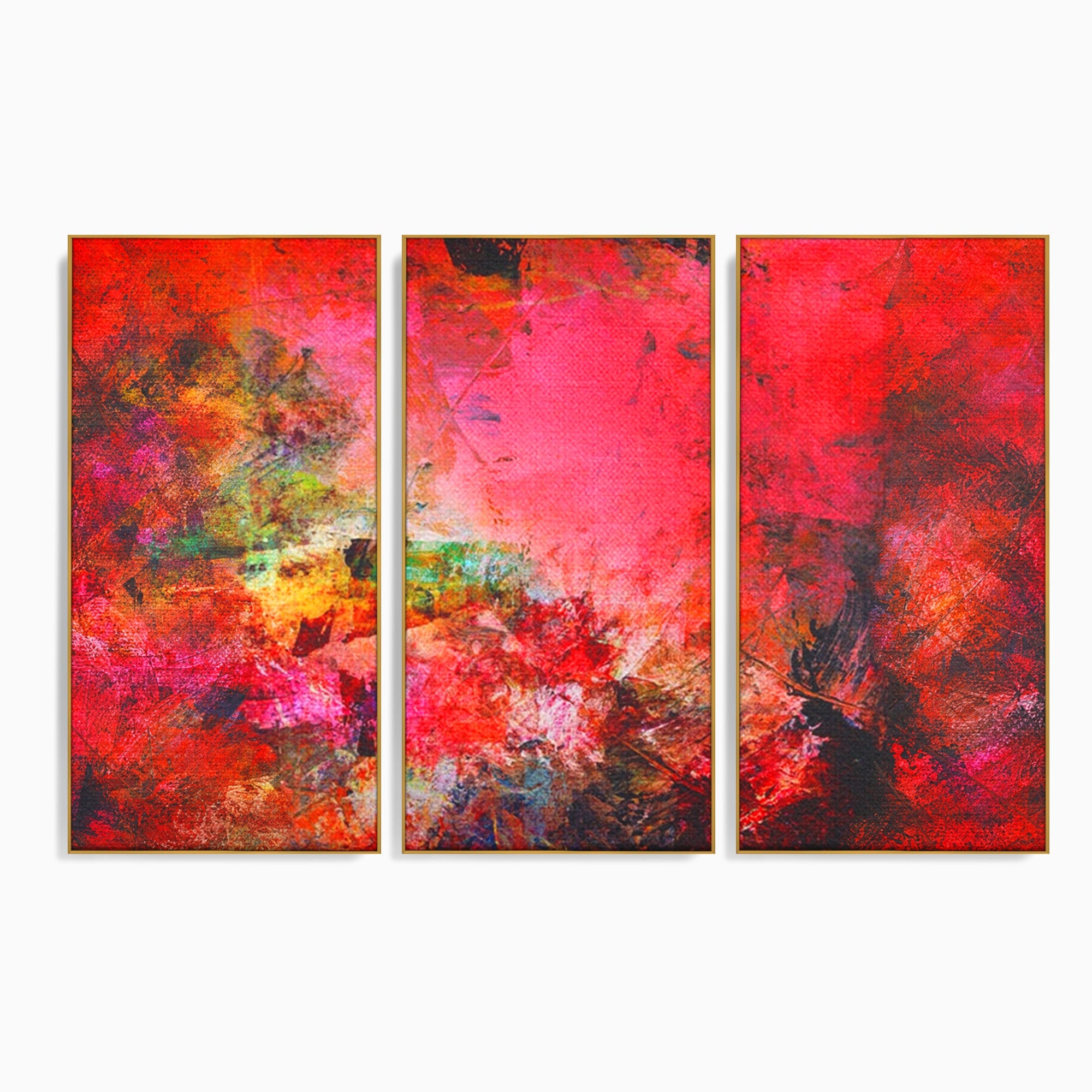Set 3 Tablouri Canvas Premium LuxCanva® A3-1085, Colorful Red, Abstract, Red, Multicolor, Culori Vibrante
