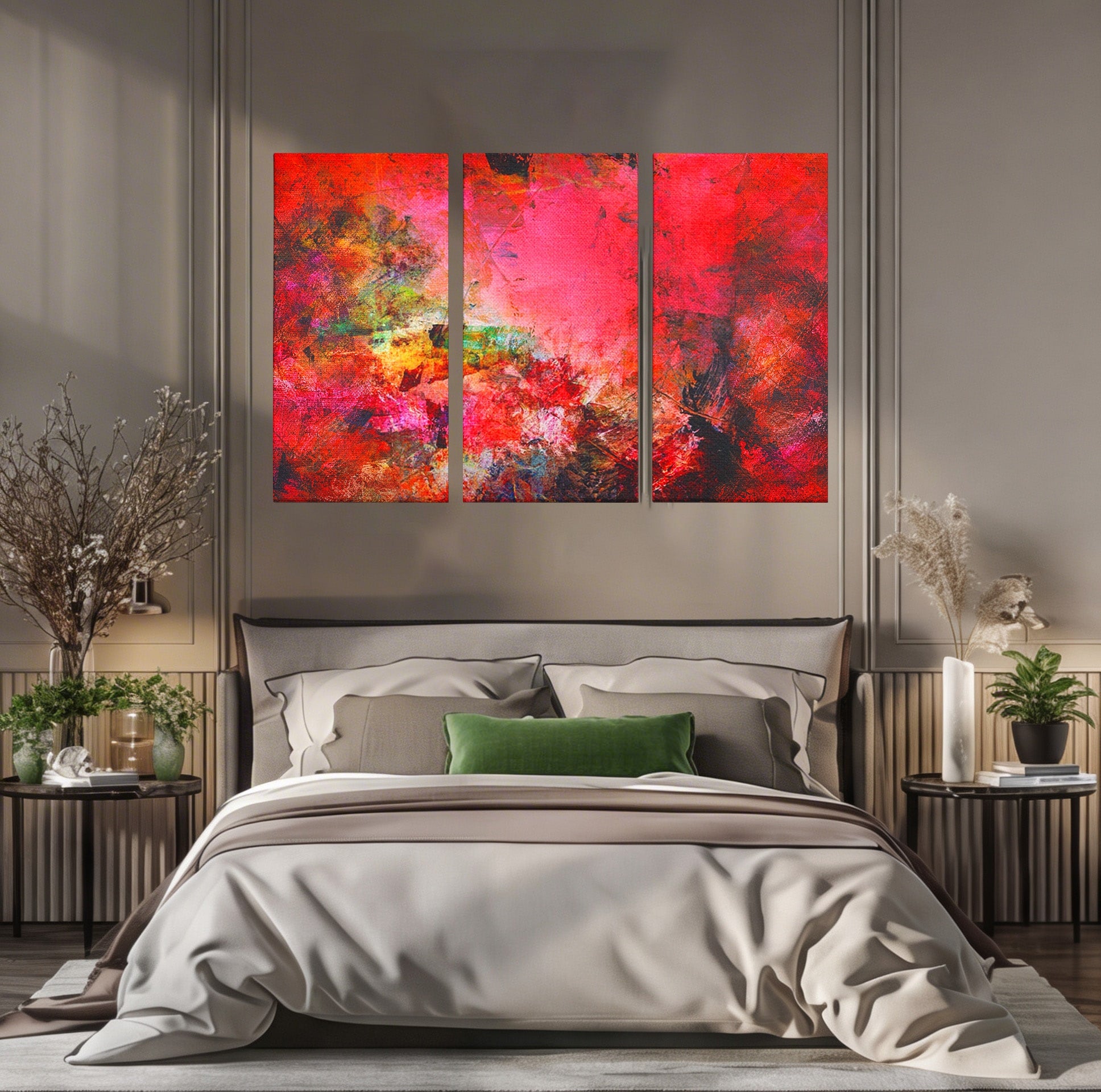 Set 3 Tablouri Canvas Premium LuxCanva® A3-1085, Colorful Red, Abstract, Red, Multicolor, Culori Vibrante
