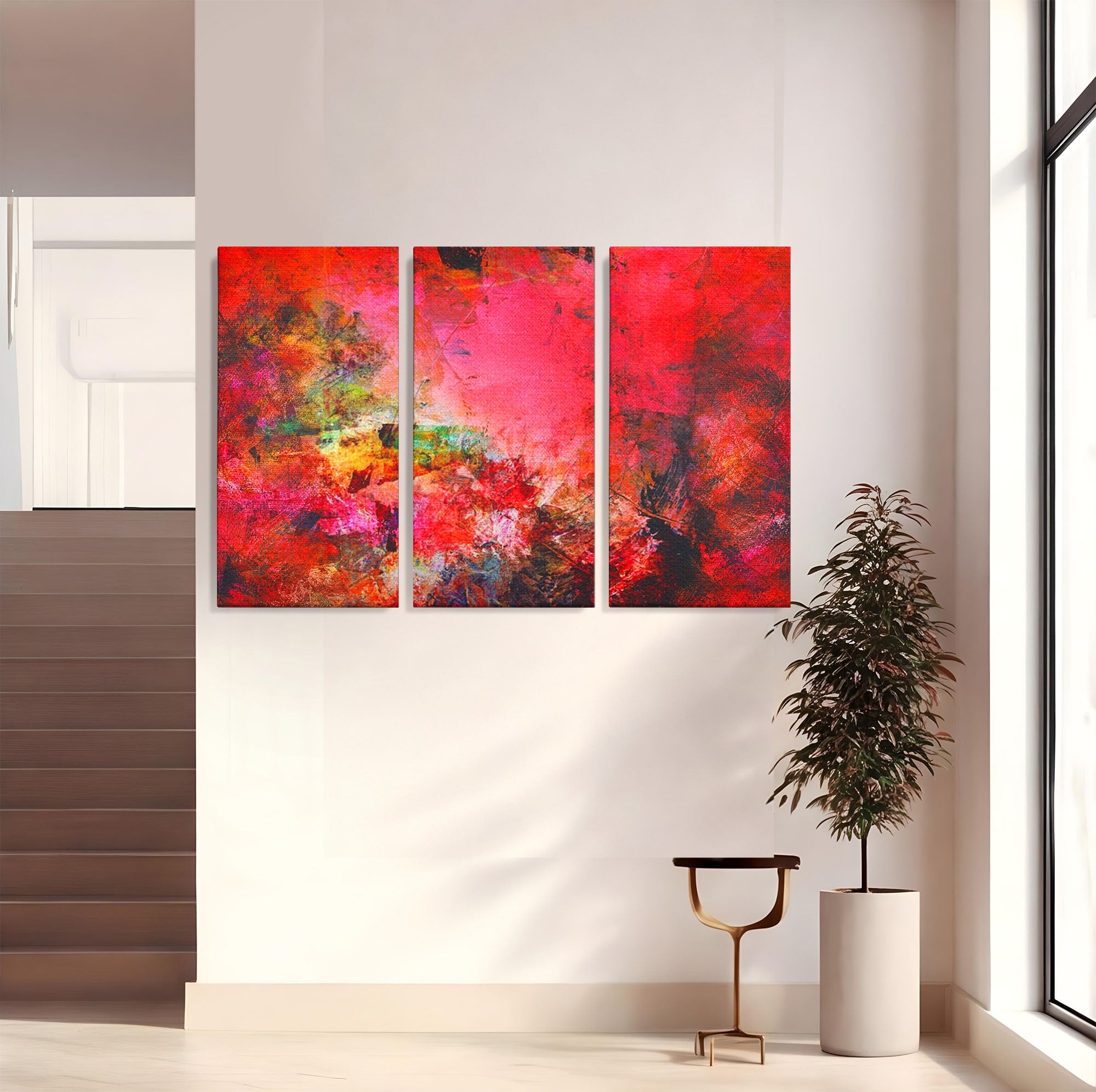 Set 3 Tablouri Canvas Premium LuxCanva® A3-1085, Colorful Red, Abstract, Red, Multicolor, Culori Vibrante