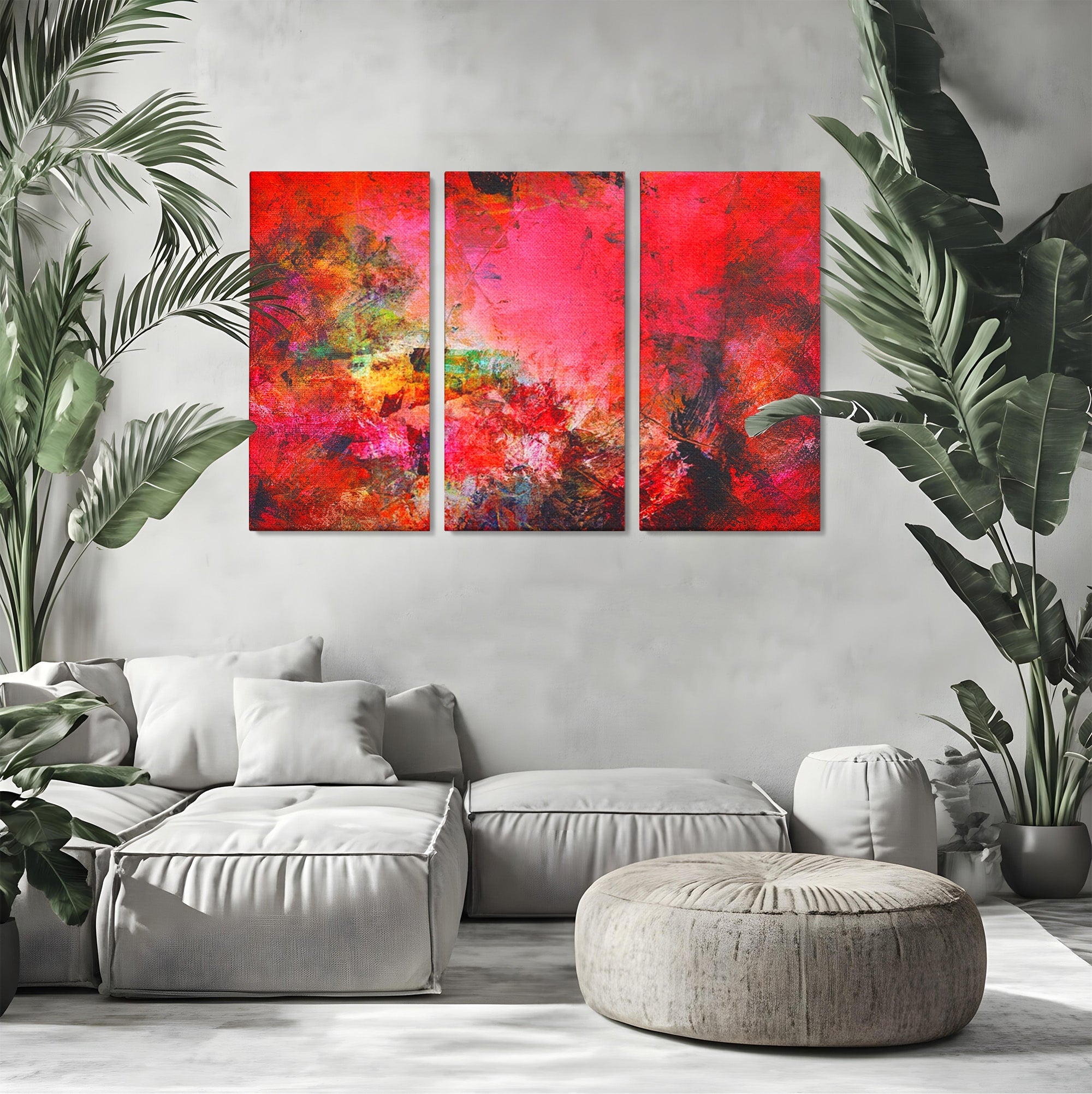 Set 3 Tablouri Canvas Premium LuxCanva® A3-1085, Colorful Red, Abstract, Red, Multicolor, Culori Vibrante