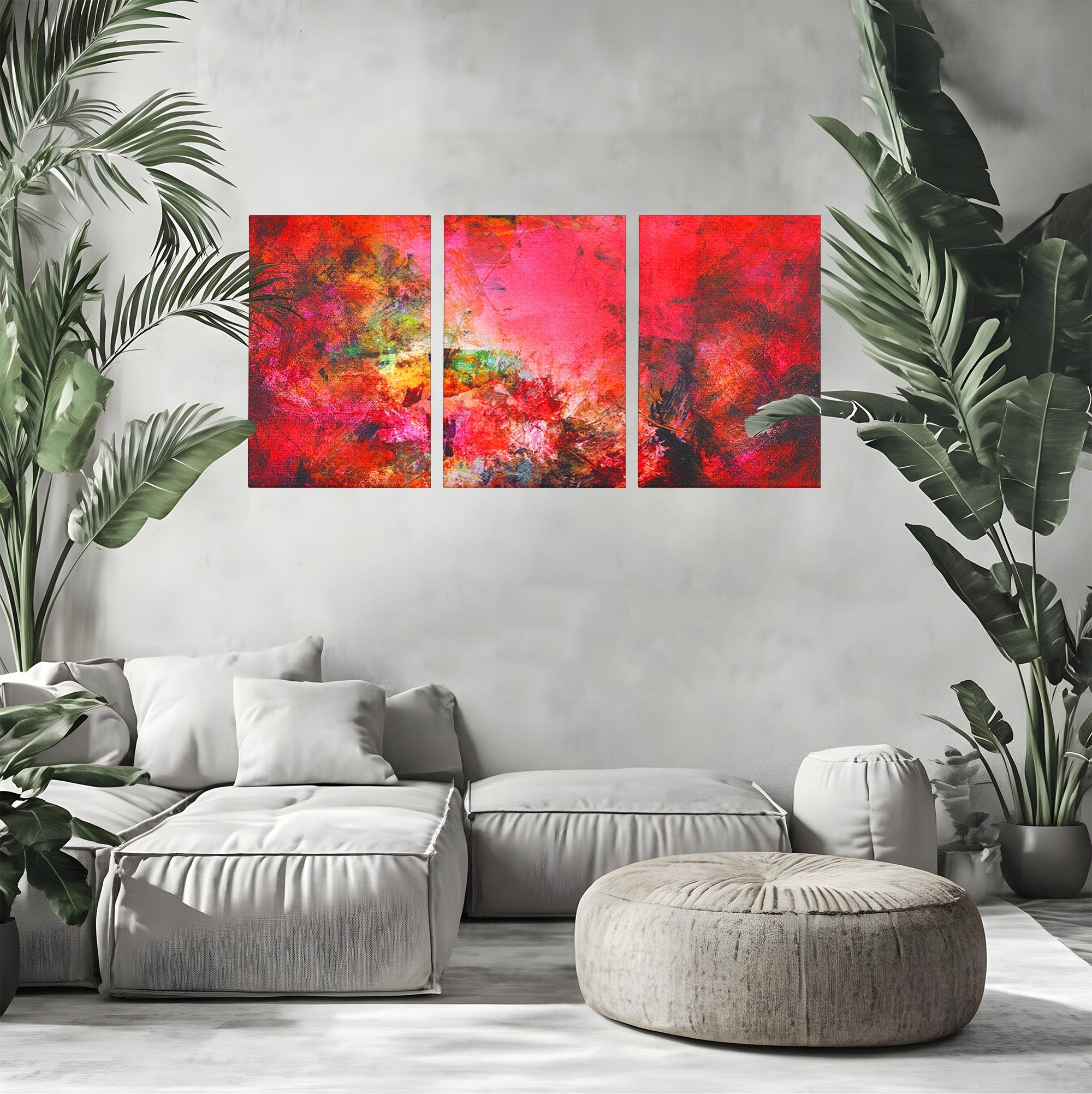 Set 3 Tablouri Canvas Premium LuxCanva® A3-1085, Colorful Red, Abstract, Red, Multicolor, Culori Vibrante