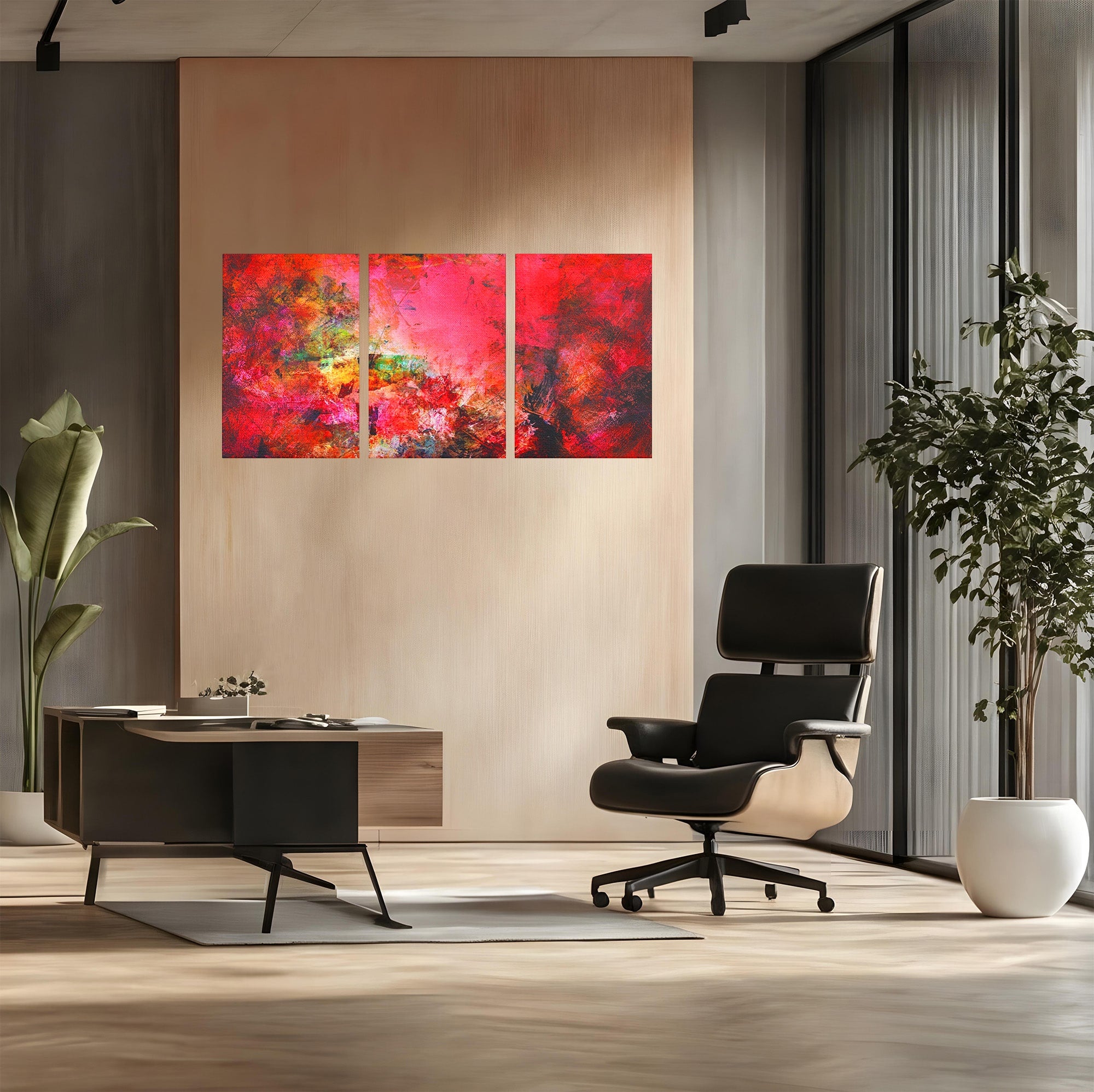 Set 3 Tablouri Canvas Premium LuxCanva® A3-1085, Colorful Red, Abstract, Red, Multicolor, Culori Vibrante