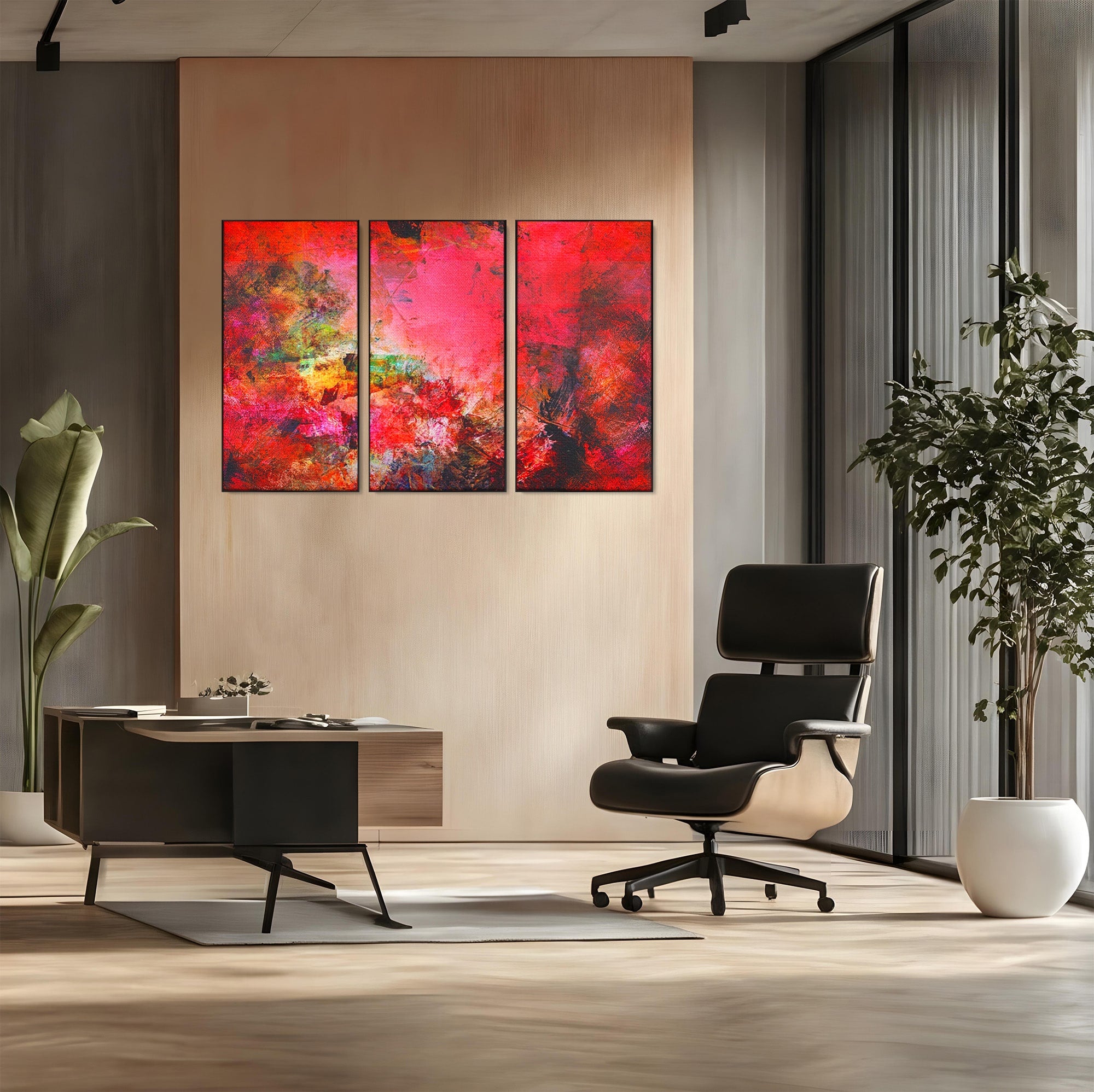 Set 3 Tablouri Canvas Premium LuxCanva® A3-1085, Colorful Red, Abstract, Red, Multicolor, Culori Vibrante