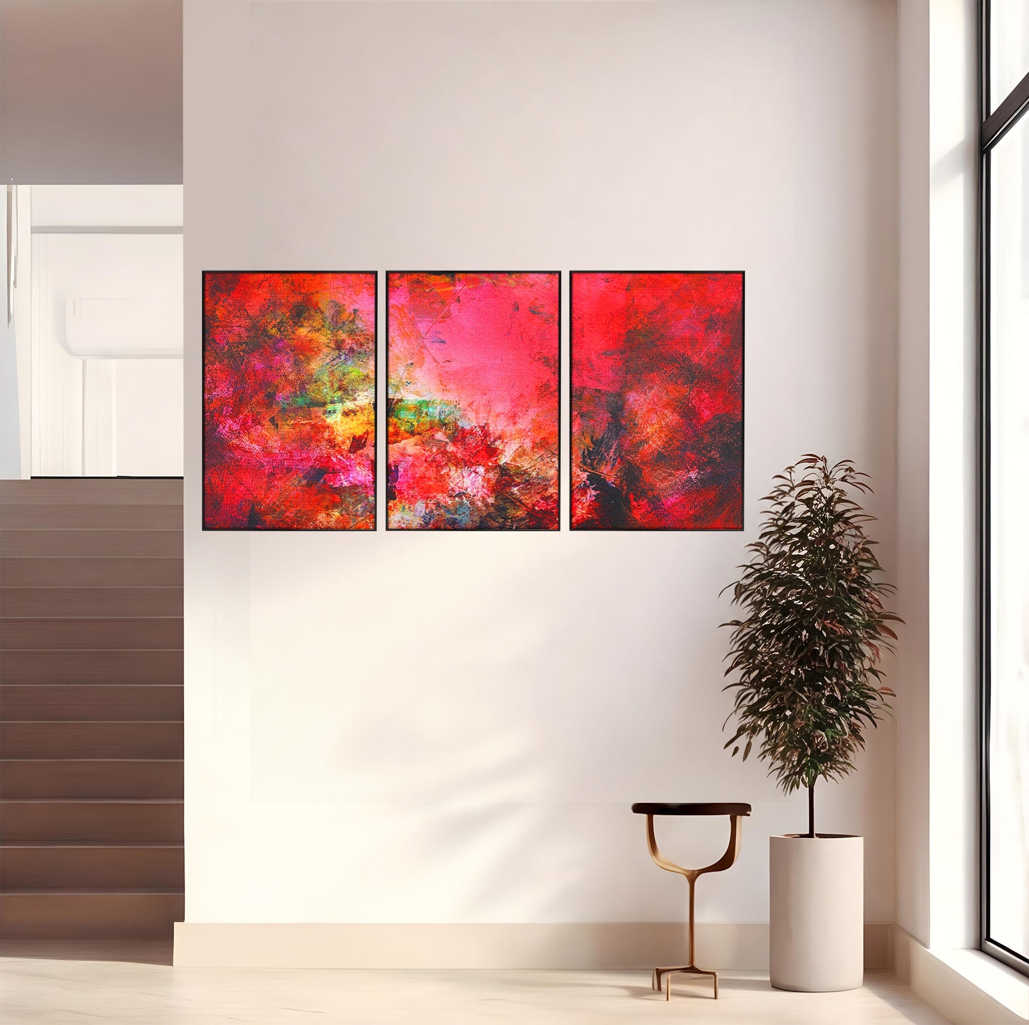 Set 3 Tablouri Canvas Premium LuxCanva® A3-1085, Colorful Red, Abstract, Red, Multicolor, Culori Vibrante