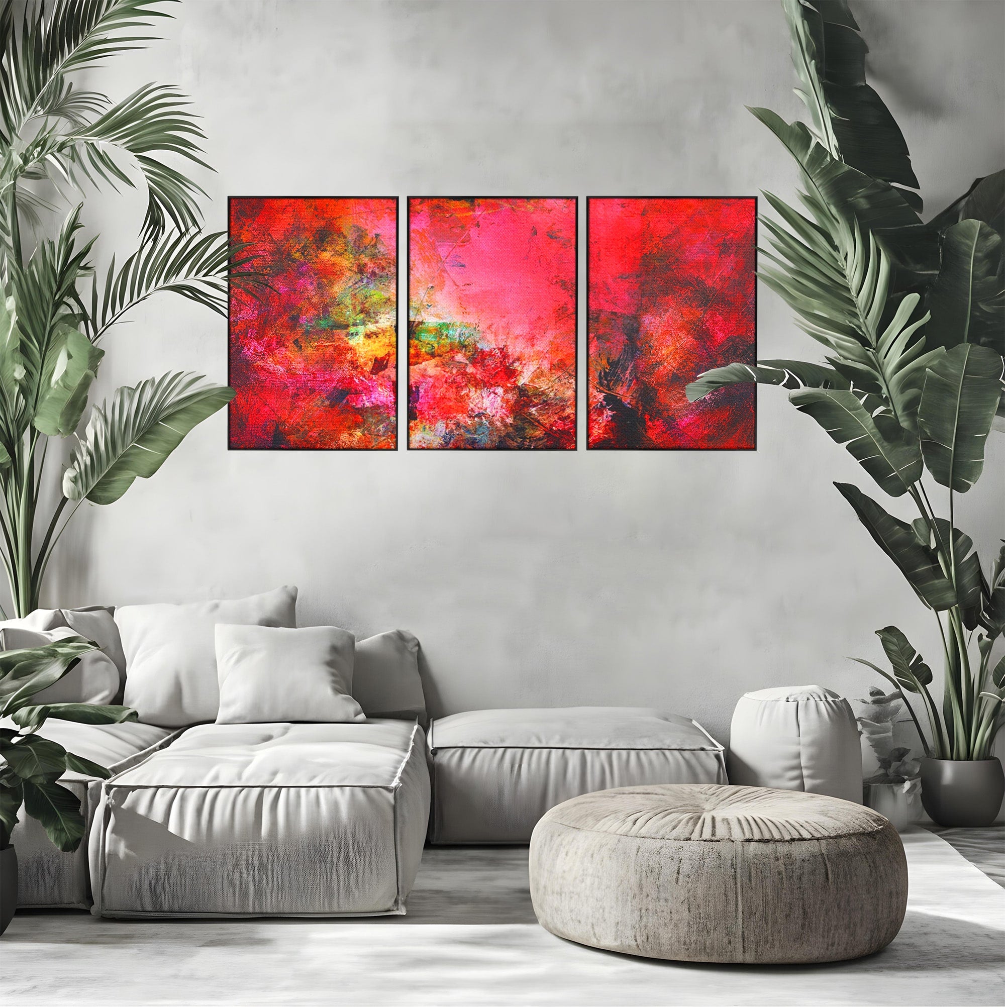 Set 3 Tablouri Canvas Premium LuxCanva® A3-1085, Colorful Red, Abstract, Red, Multicolor, Culori Vibrante