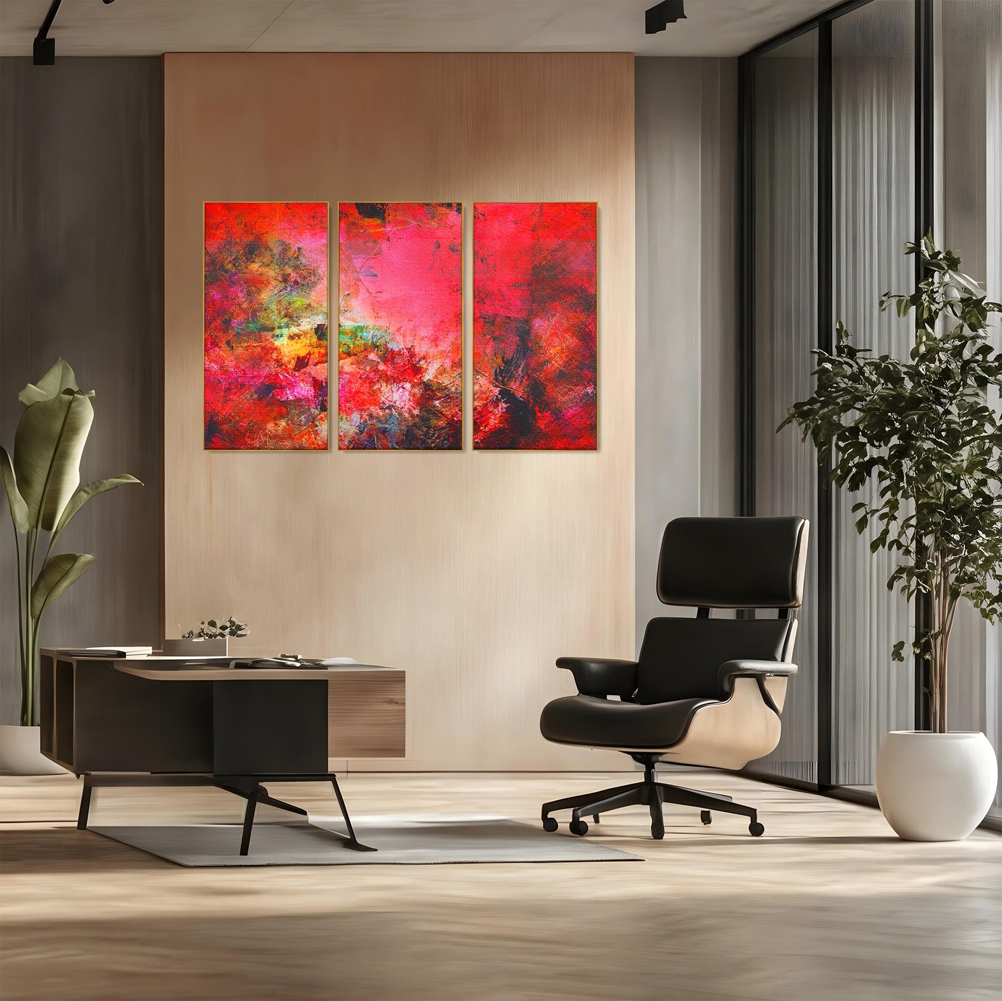 Set 3 Tablouri Canvas Premium LuxCanva® A3-1085, Colorful Red, Abstract, Red, Multicolor, Culori Vibrante