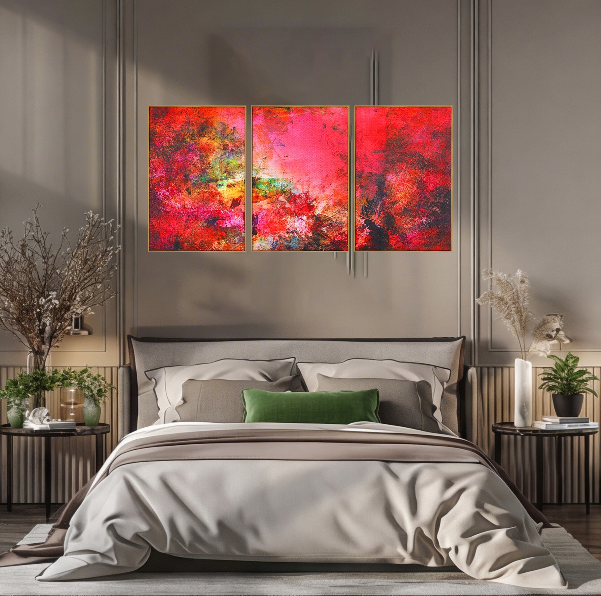 Set 3 Tablouri Canvas Premium LuxCanva® A3-1085, Colorful Red, Abstract, Red, Multicolor, Culori Vibrante