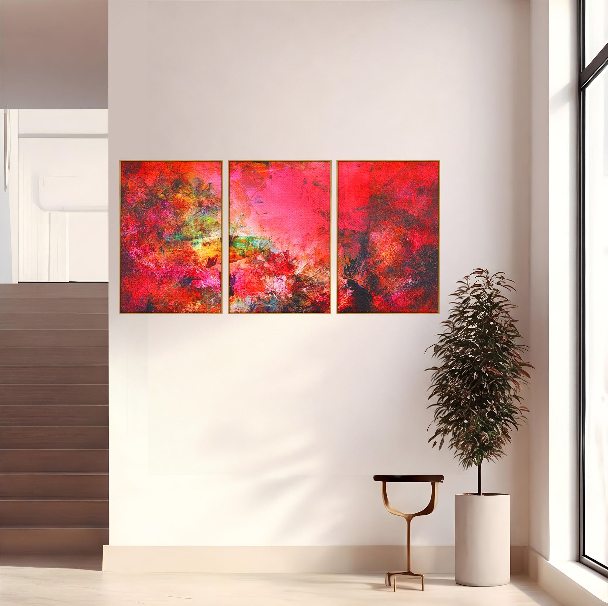 Set 3 Tablouri Canvas Premium LuxCanva® A3-1085, Colorful Red, Abstract, Red, Multicolor, Culori Vibrante