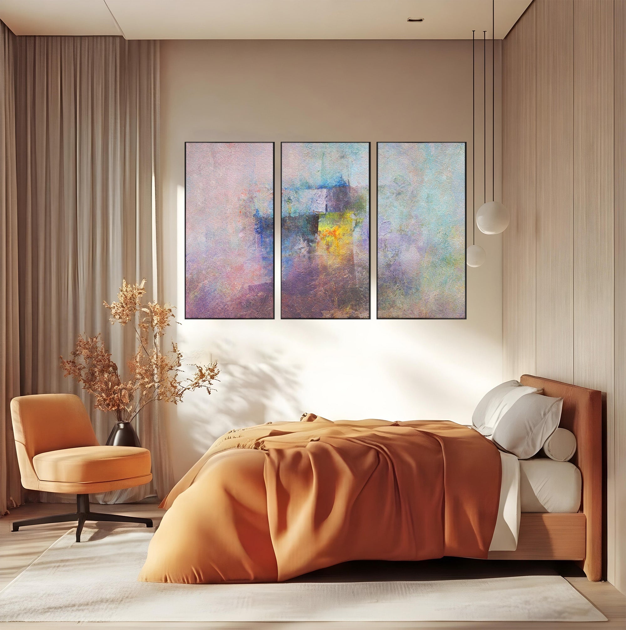 Set 3 Tablouri Canvas Premium LuxCanva® A3-1088, Colorful Purple, Abstract, Mov, Violet, Lavander, Multicolor, Culori Vibrante